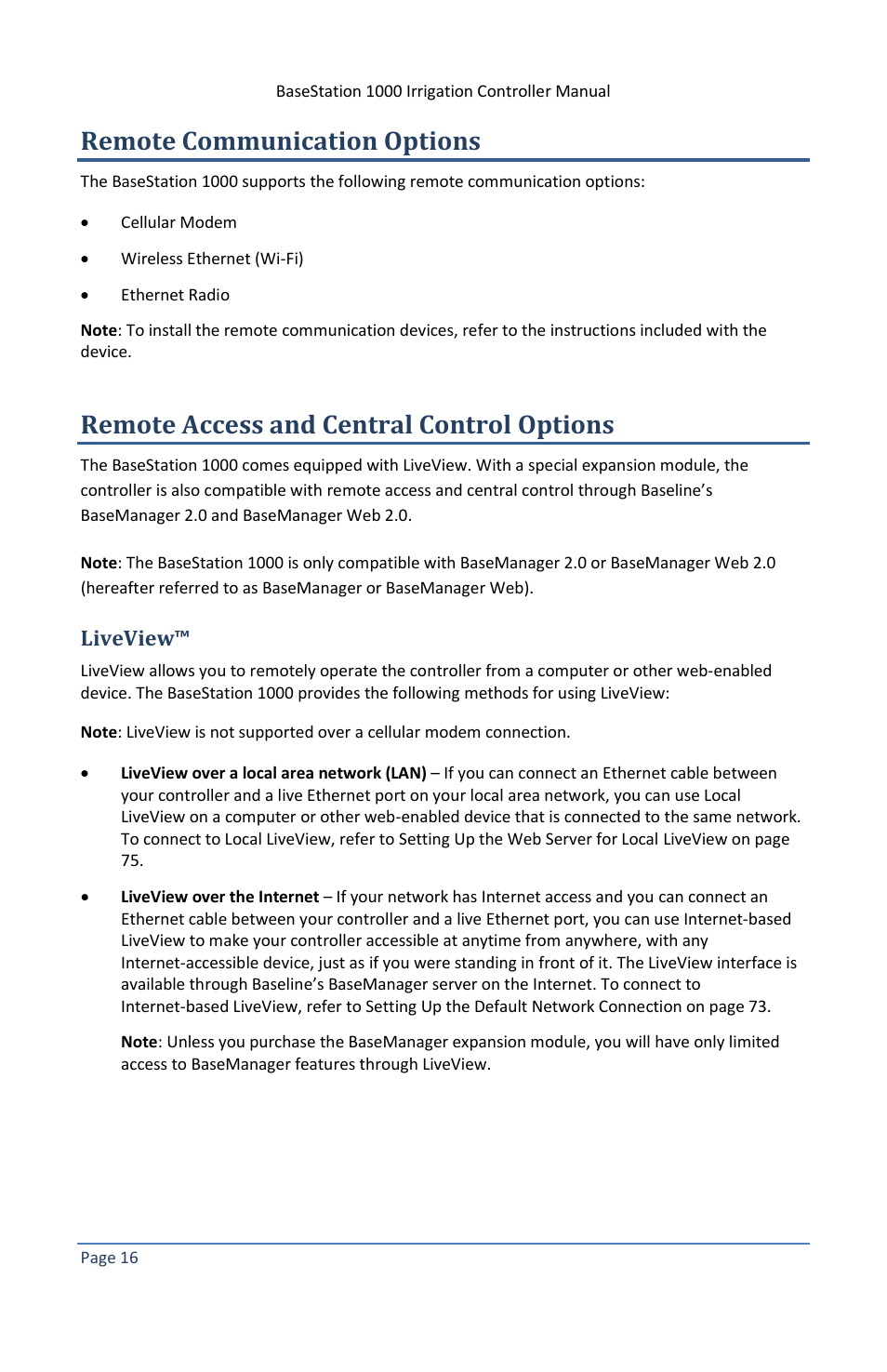 Remote communication options, Remote access and central control options, Liveview | Baseline Systems BaseStation 1000 User Manual | Page 22 / 122