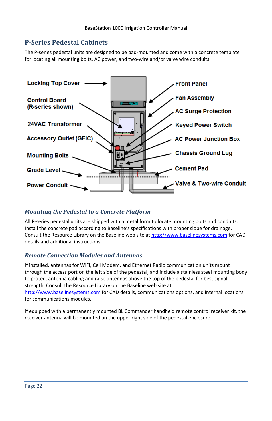 P-series pedestal cabinets, Mounting the pedestal to a concrete platform, Remote connection modules and antennas | Baseline Systems BaseStation 1000 User Manual | Page 28 / 122