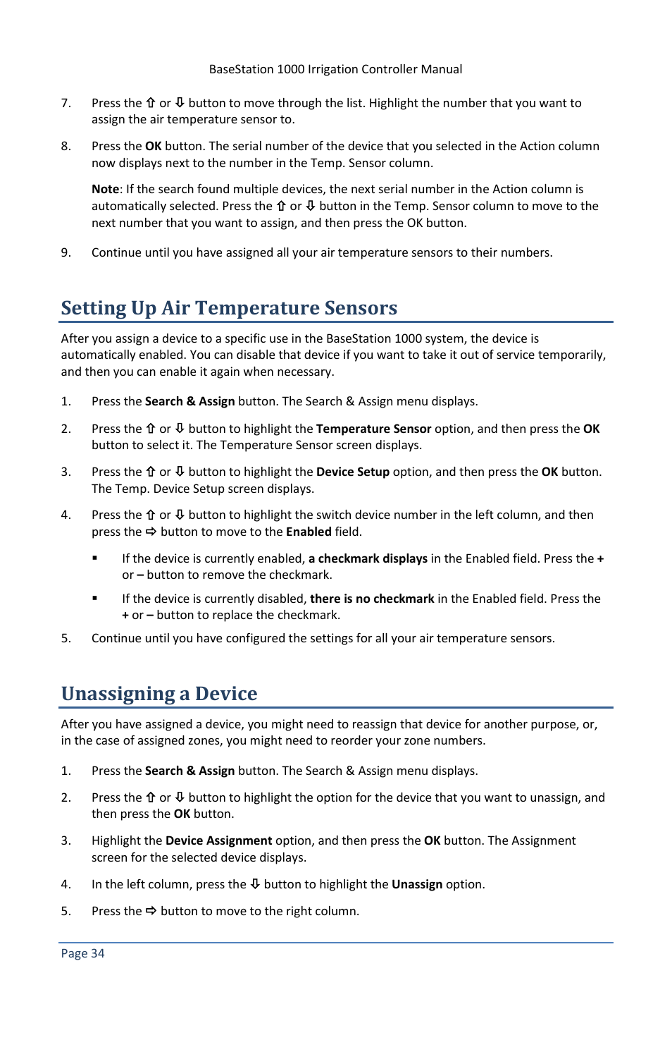 Setting up air temperature sensors, Unassigning a device | Baseline Systems BaseStation 1000 User Manual | Page 40 / 122