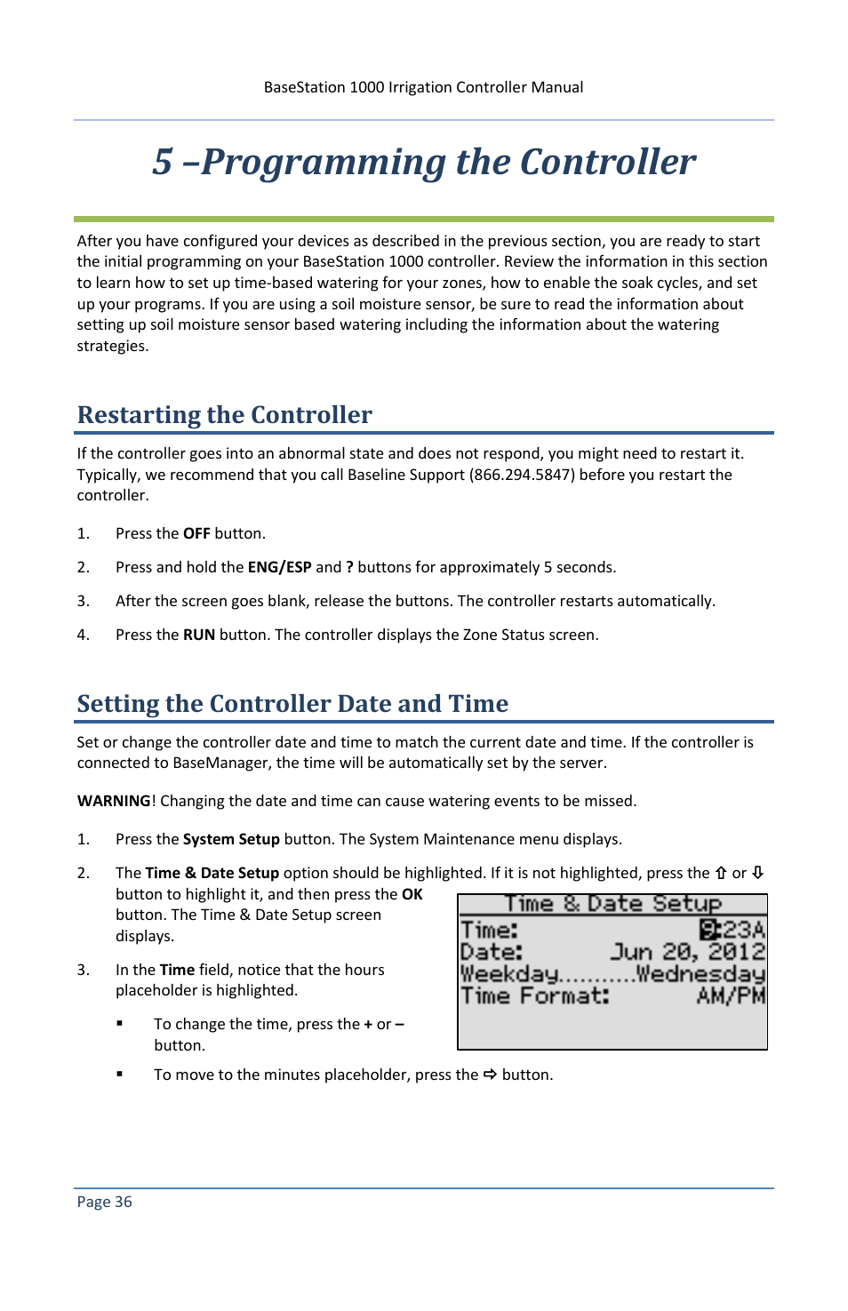 5 –programming the controller, Restarting the controller, Setting the controller date and time | Baseline Systems BaseStation 1000 User Manual | Page 42 / 122