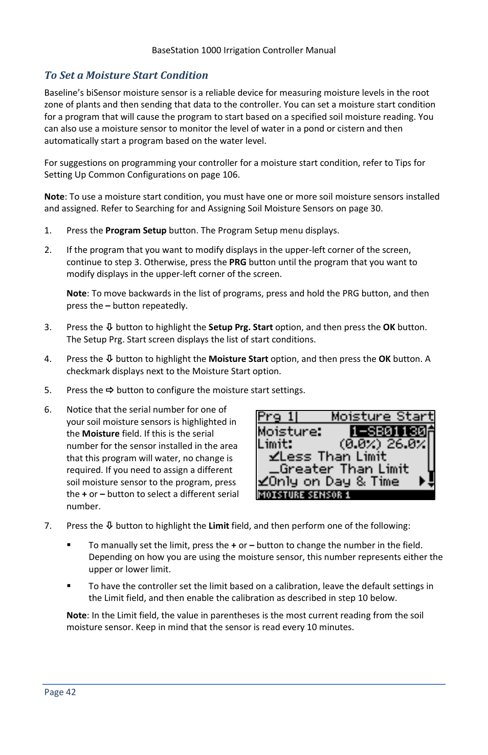 To set a moisture start condition, E 42 | Baseline Systems BaseStation 1000 User Manual | Page 48 / 122