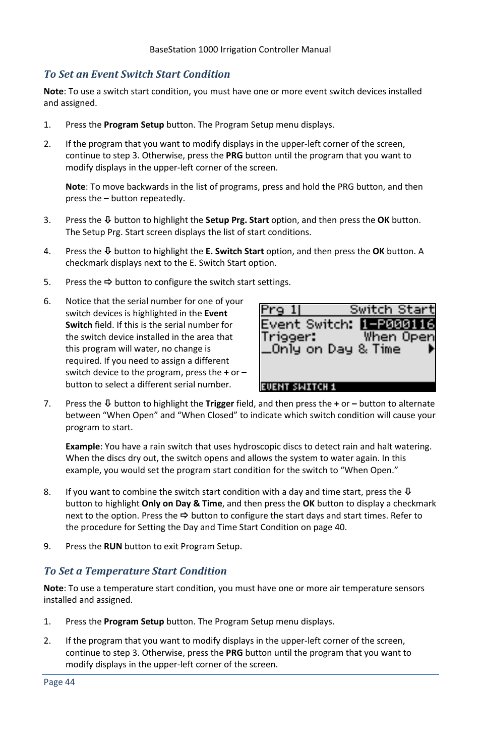 To set an event switch start condition, To set a temperature start condition | Baseline Systems BaseStation 1000 User Manual | Page 50 / 122