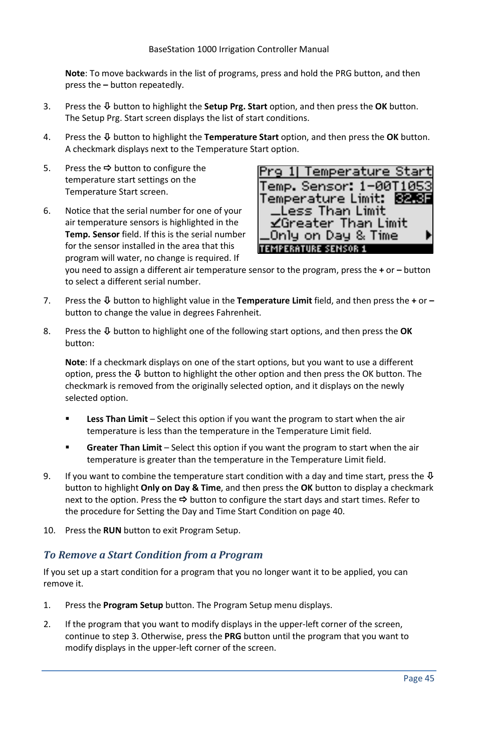 To remove a start condition from a program | Baseline Systems BaseStation 1000 User Manual | Page 51 / 122