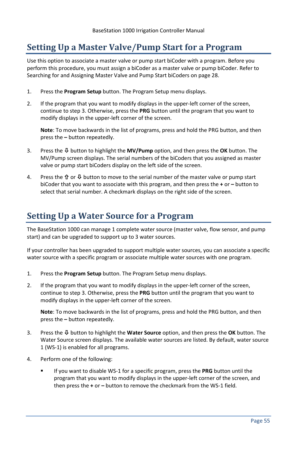 Setting up a master valve/pump start for a program, Setting up a water source for a program | Baseline Systems BaseStation 1000 User Manual | Page 61 / 122