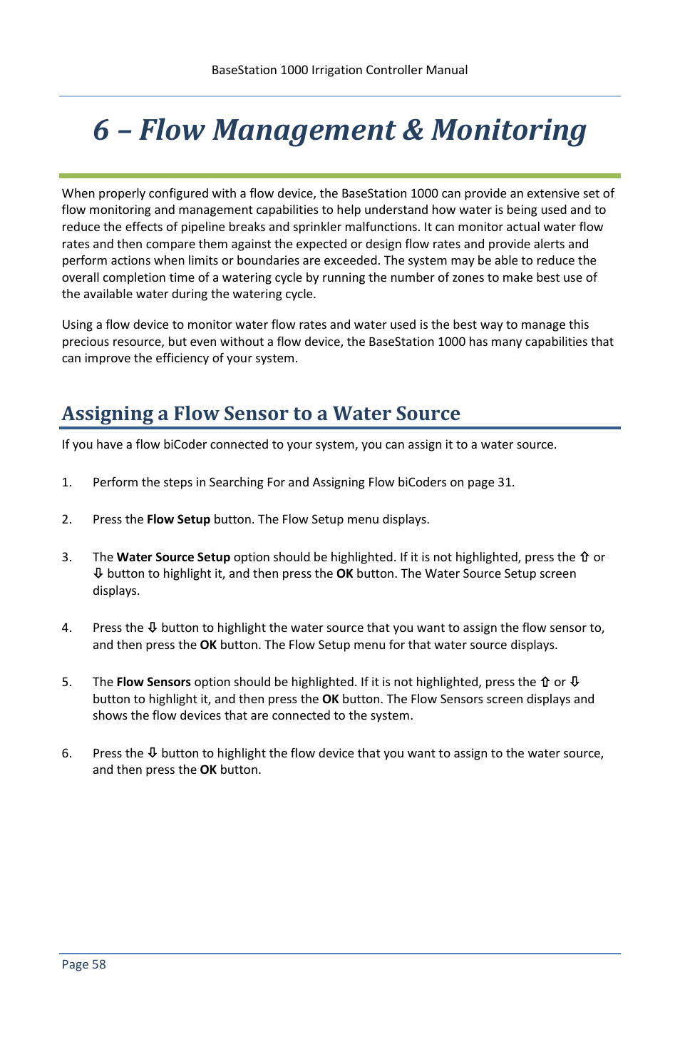 6 – flow management & monitoring, Assigning a flow sensor to a water source | Baseline Systems BaseStation 1000 User Manual | Page 64 / 122