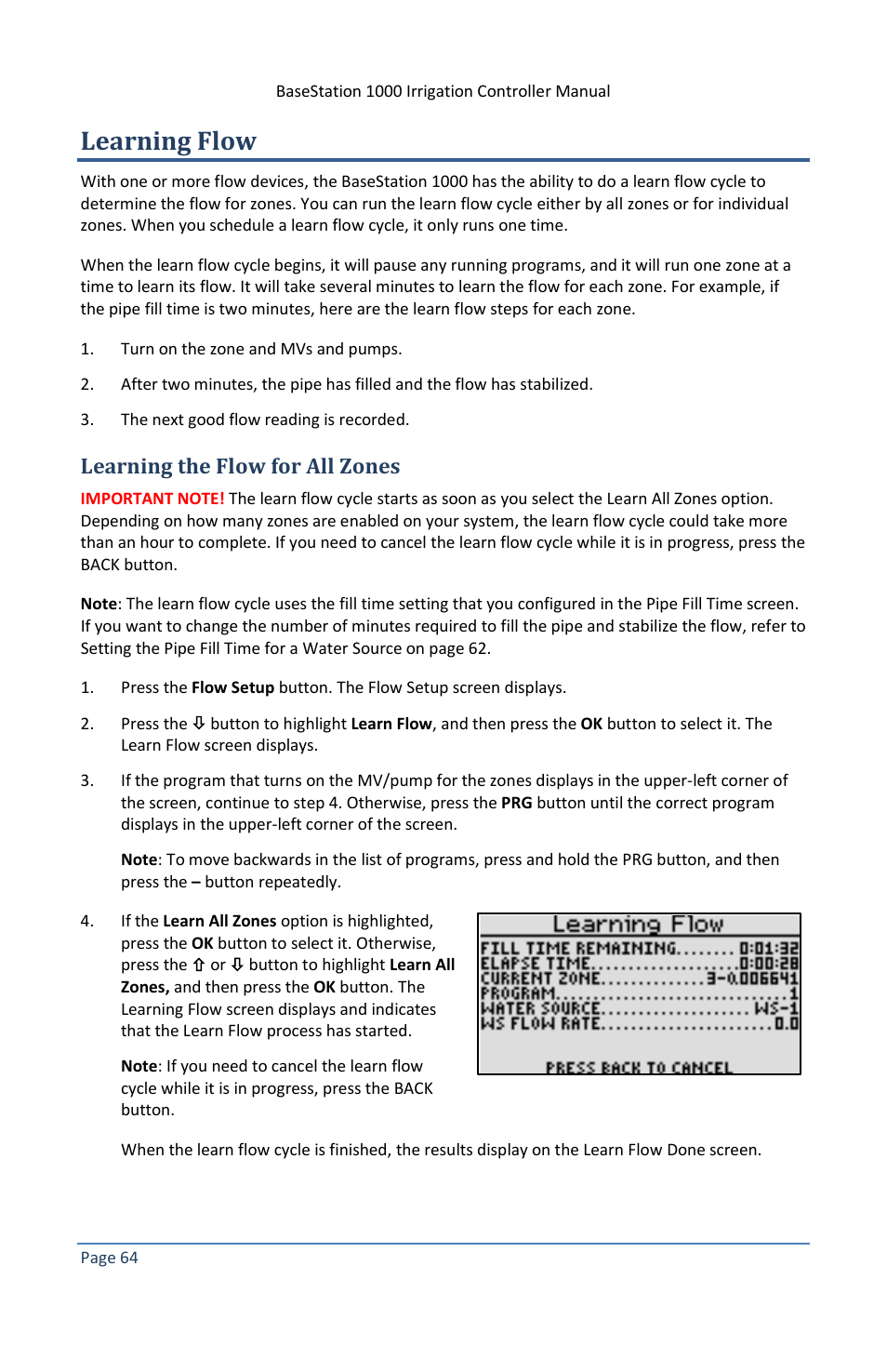 Learning flow, Learning the flow for all zones | Baseline Systems BaseStation 1000 User Manual | Page 70 / 122