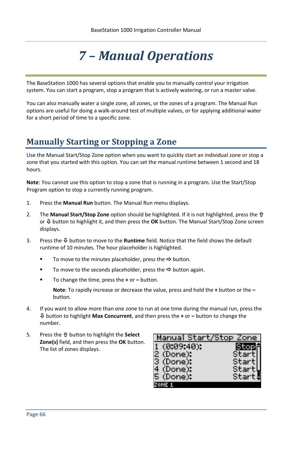 7 – manual operations, Manually starting or stopping a zone | Baseline Systems BaseStation 1000 User Manual | Page 72 / 122