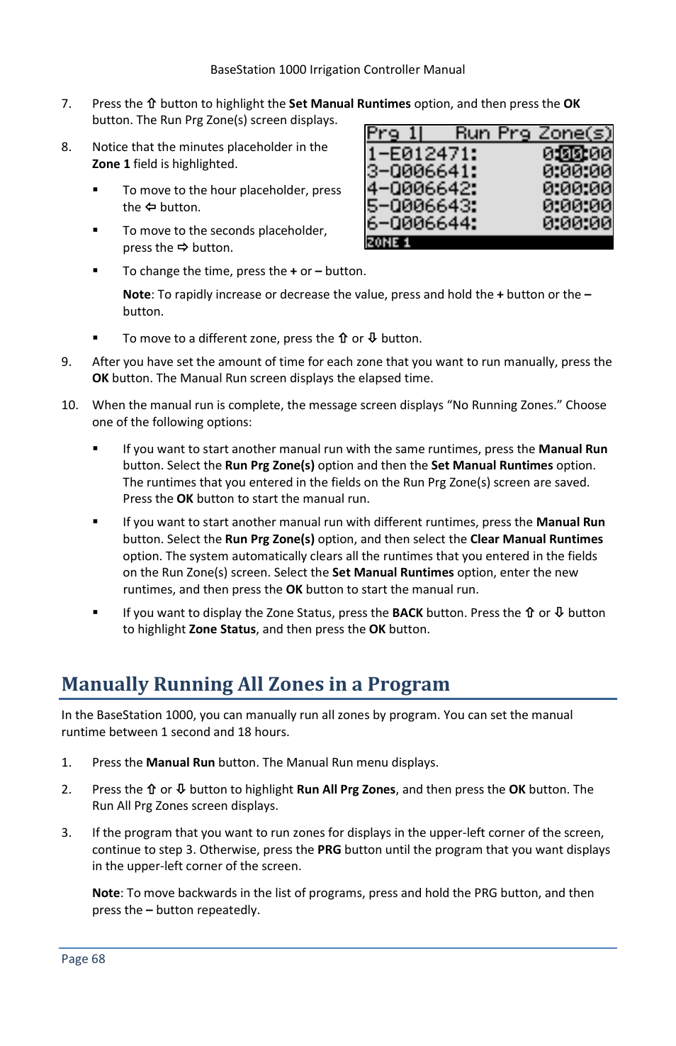 Manually running all zones in a program | Baseline Systems BaseStation 1000 User Manual | Page 74 / 122