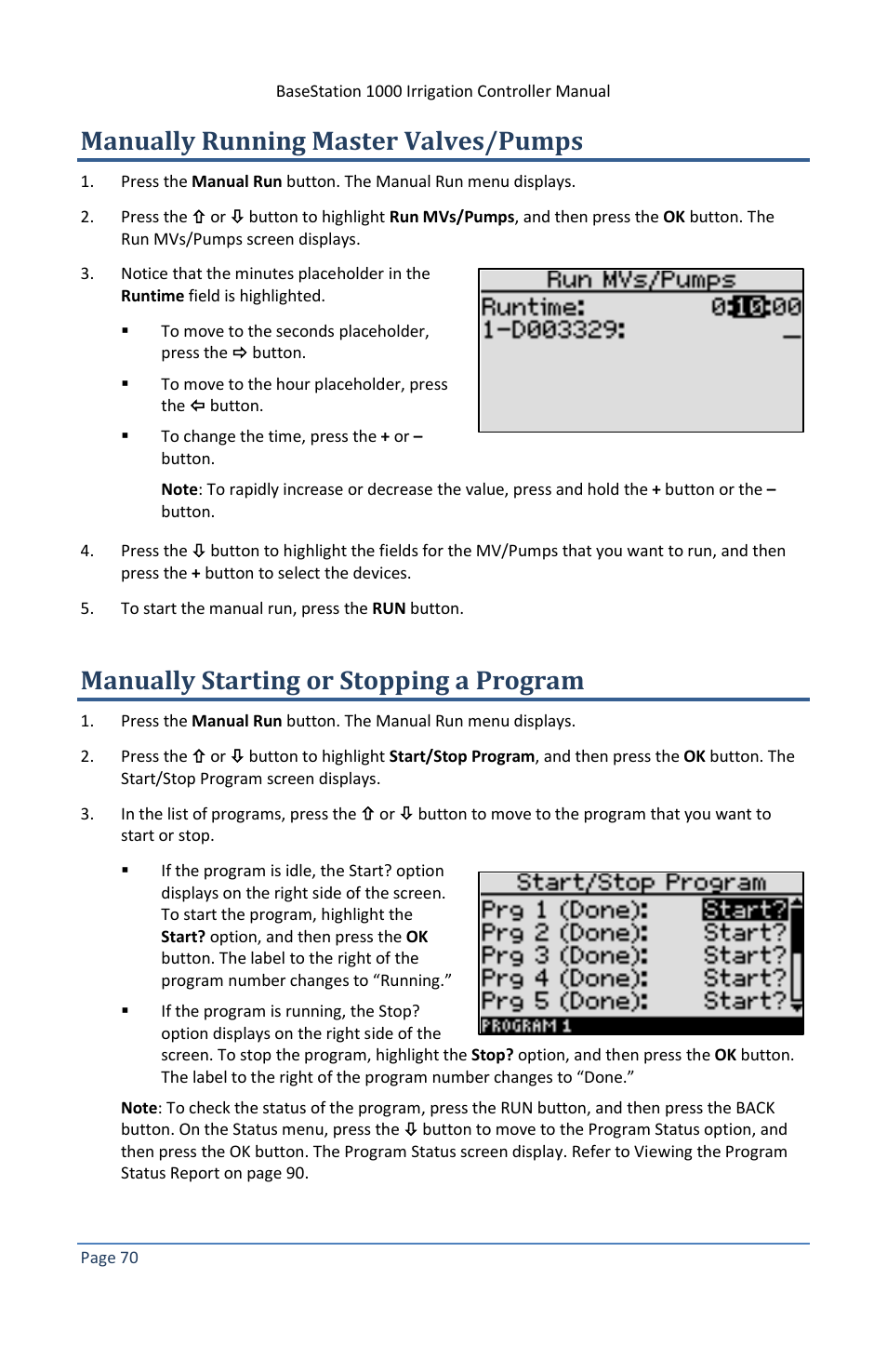 Manually running master valves/pumps, Manually starting or stopping a program | Baseline Systems BaseStation 1000 User Manual | Page 76 / 122