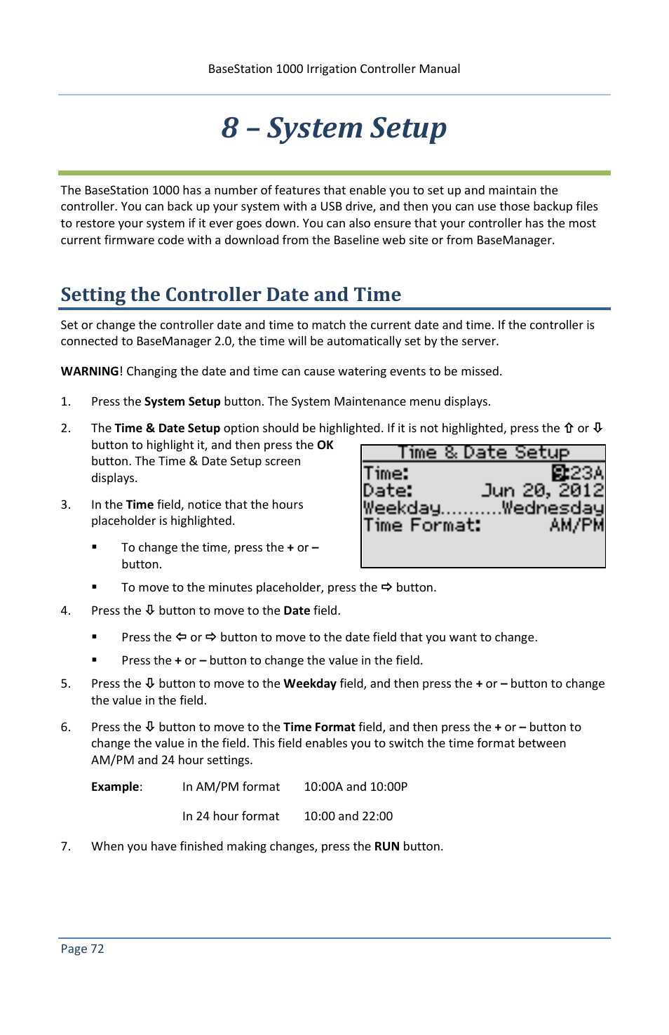 8 – system setup, Setting the controller date and time | Baseline Systems BaseStation 1000 User Manual | Page 78 / 122