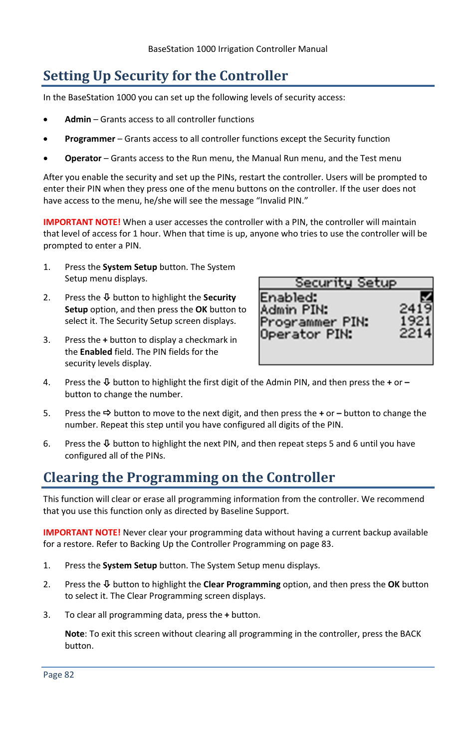 Setting up security for the controller, Clearing the programming on the controller | Baseline Systems BaseStation 1000 User Manual | Page 88 / 122