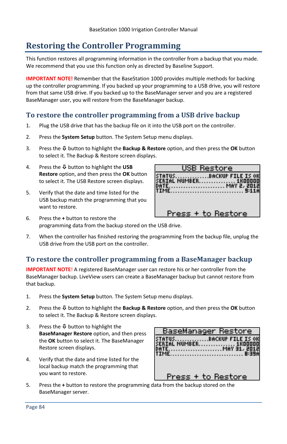 Restoring the controller programming | Baseline Systems BaseStation 1000 User Manual | Page 90 / 122