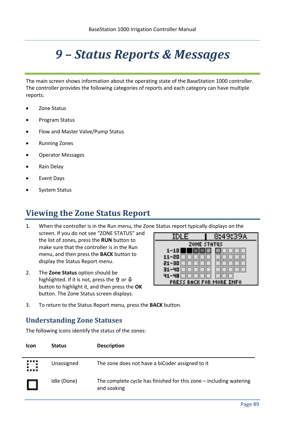 9 – status reports & messages, Viewing the zone status report, Understanding zone statuses | Baseline Systems BaseStation 1000 User Manual | Page 95 / 122