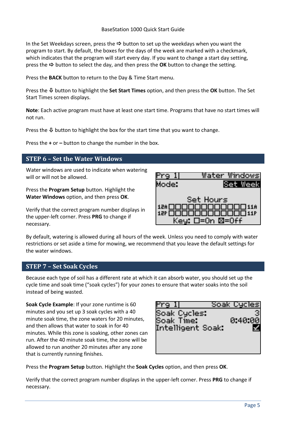 Step 6 – set the water windows, Step 7 – set soak cycles | Baseline Systems BaseStation 1000 User Manual | Page 11 / 19