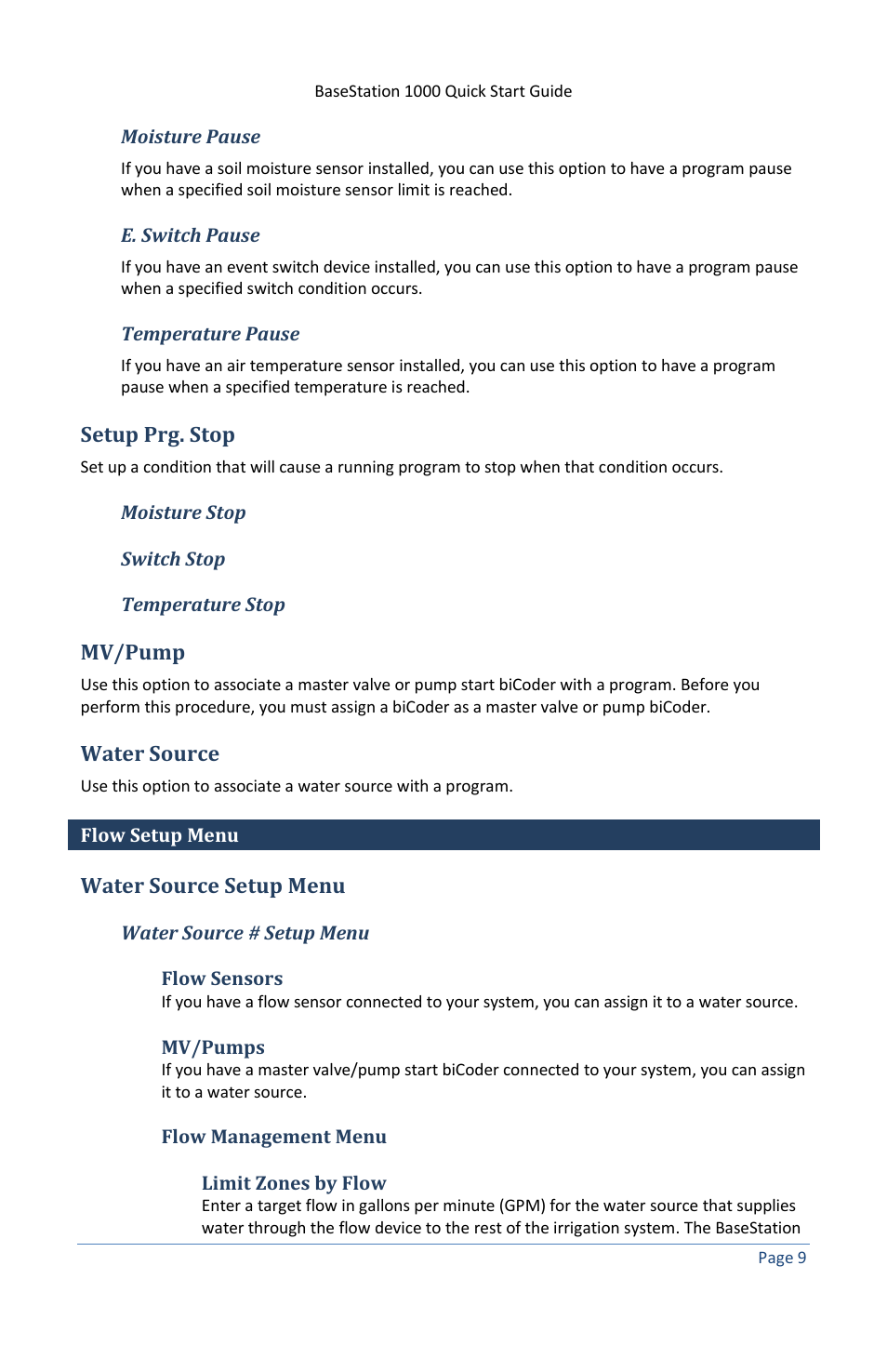 Moisture pause, E. switch pause, Temperature pause | Setup prg. stop, Moisture stop, Switch stop, Temperature stop, Mv/pump, Water source, Flow setup menu | Baseline Systems BaseStation 1000 User Manual | Page 15 / 19