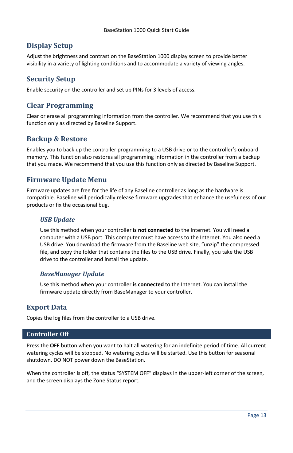 Display setup, Security setup, Clear programming | Backup & restore, Firmware update menu, Usb update, Basemanager update, Export data, Controller off | Baseline Systems BaseStation 1000 User Manual | Page 19 / 19