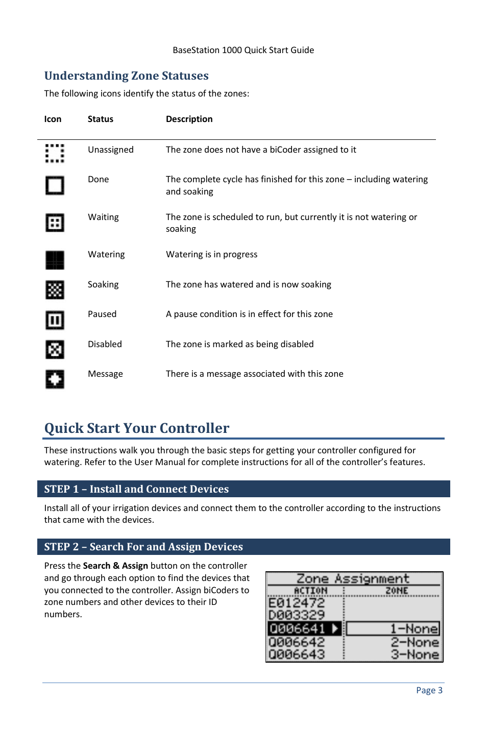 Understanding zone statuses, Quick start your controller, Step 1 – install and connect devices | Step 2 – search for and assign devices | Baseline Systems BaseStation 1000 User Manual | Page 9 / 19