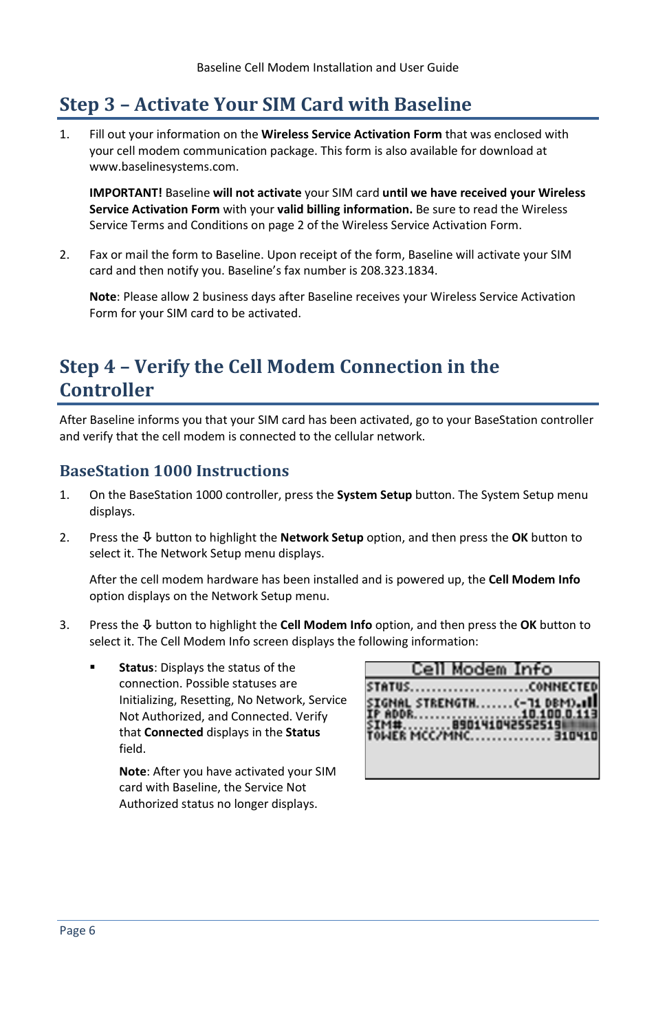 Step 3 – activate your sim card with baseline, Basestation 1000 instructions | Baseline Systems BaseStation 1000 User Manual | Page 10 / 12