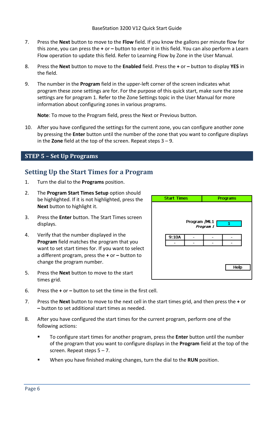 Step 5 – set up programs, Setting up the start times for a program | Baseline Systems BaseStation 3200 V12 User Manual | Page 10 / 12