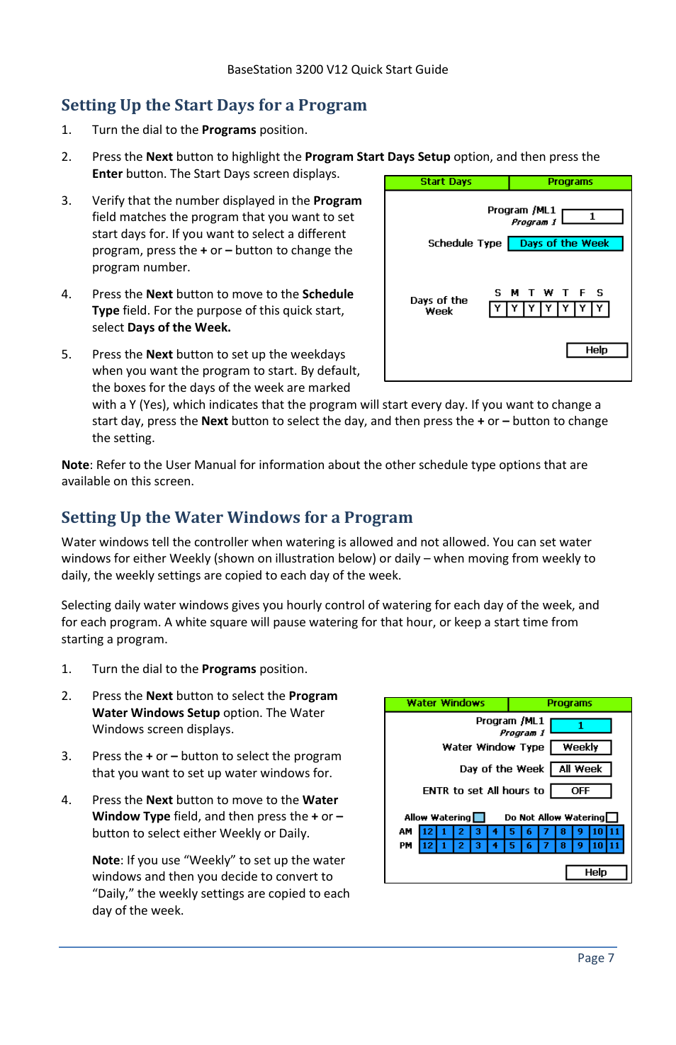 Setting up the start days for a program, Setting up the water windows for a program | Baseline Systems BaseStation 3200 V12 User Manual | Page 11 / 12