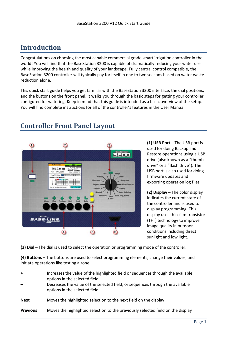 Introduction, Controller front panel layout | Baseline Systems BaseStation 3200 V12 User Manual | Page 5 / 12