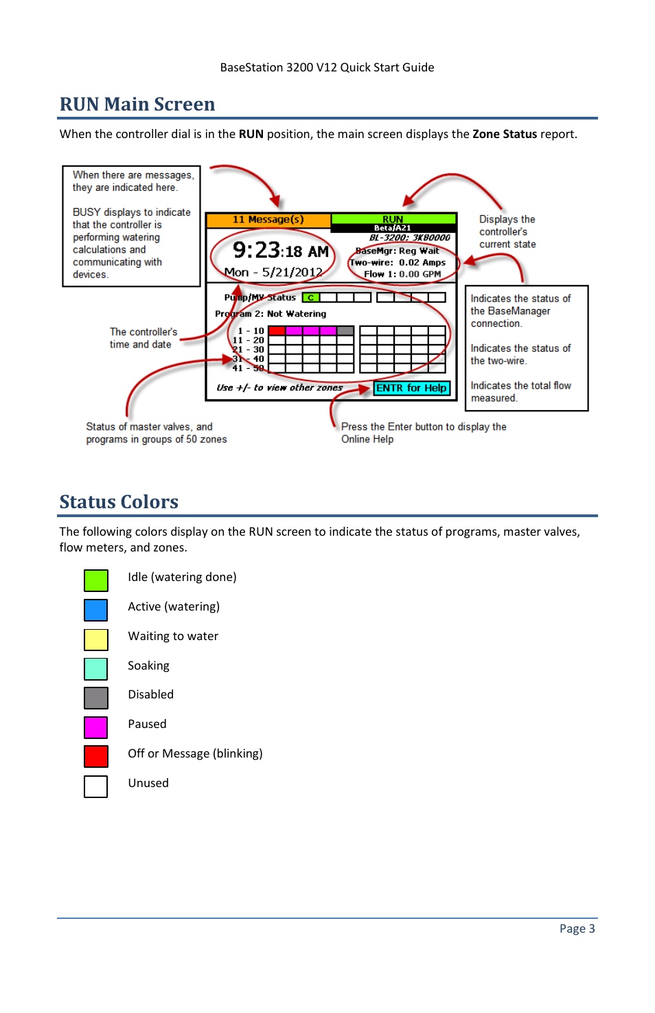 Run main screen, Status colors | Baseline Systems BaseStation 3200 V12 User Manual | Page 7 / 12