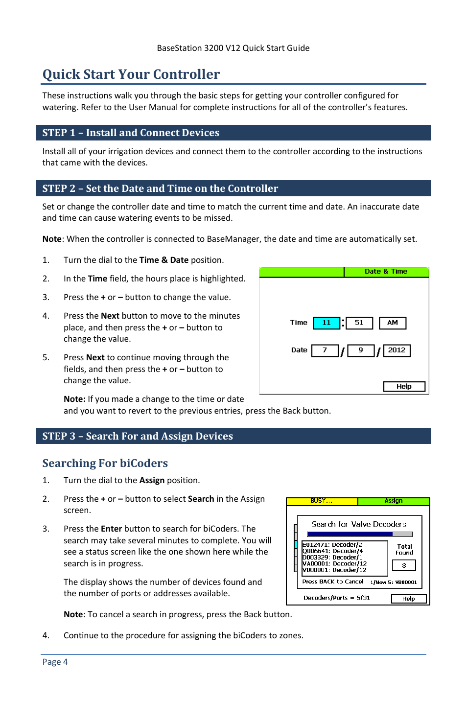 Quick start your controller, Step 1 – install and connect devices, Step 2 – set the date and time on the controller | Step 3 – search for and assign devices, Searching for bicoders | Baseline Systems BaseStation 3200 V12 User Manual | Page 8 / 12