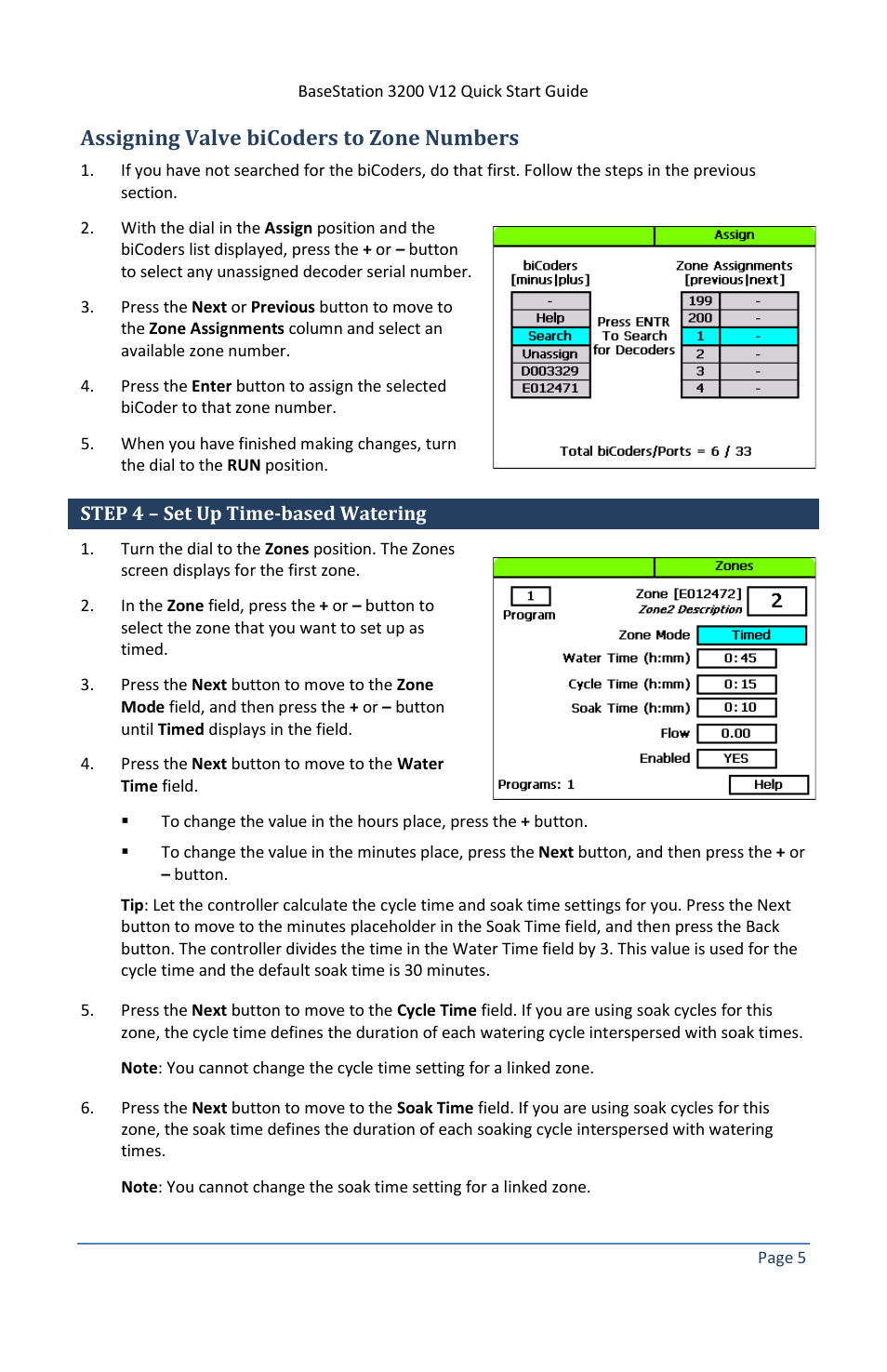 Assigning valve bicoders to zone numbers, Step 4 – set up time-based watering | Baseline Systems BaseStation 3200 V12 User Manual | Page 9 / 12