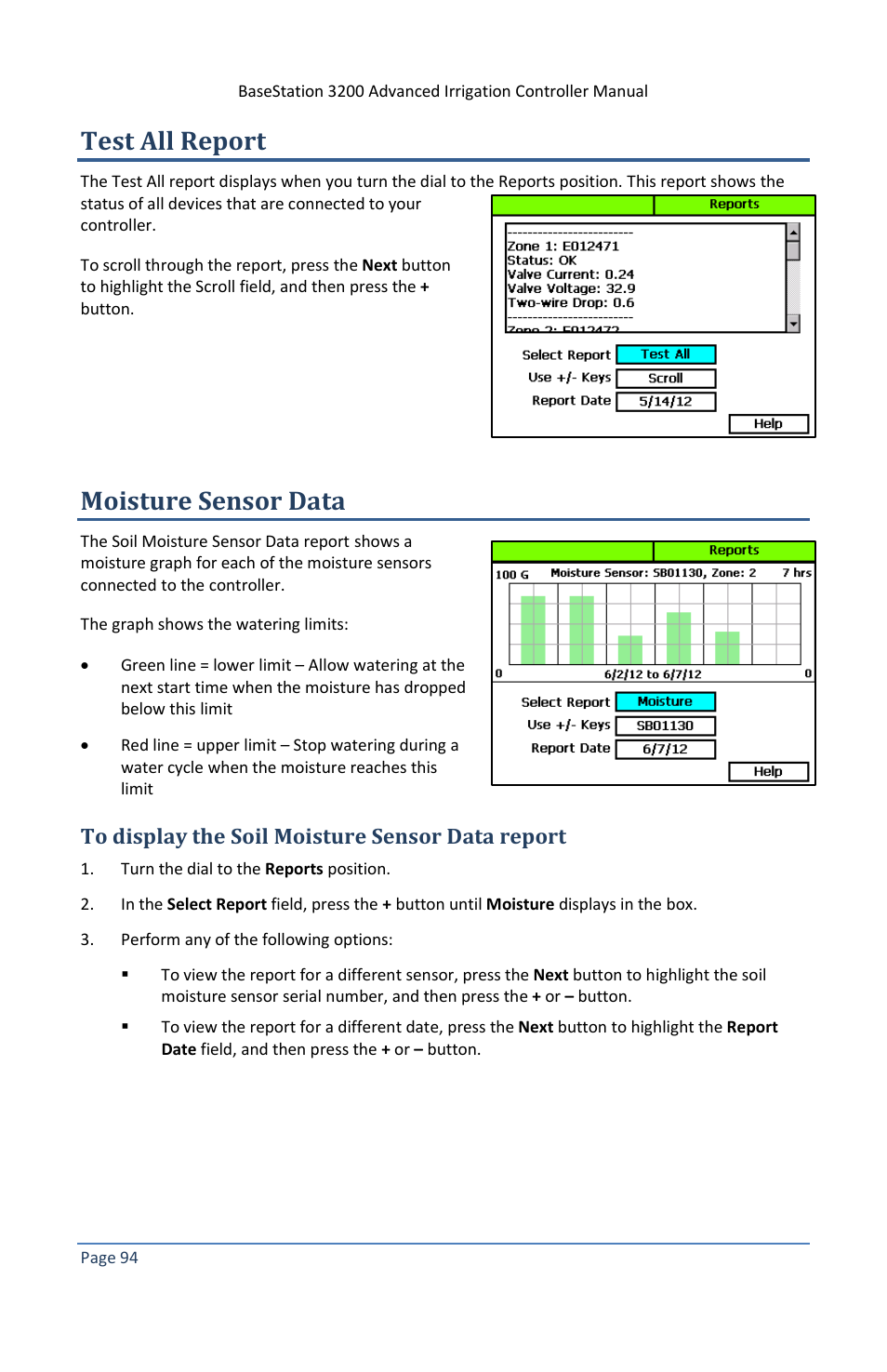 Test all report, Moisture sensor data, To display the soil moisture sensor data report | Baseline Systems BaseStation 3200 V12 User Manual | Page 100 / 122