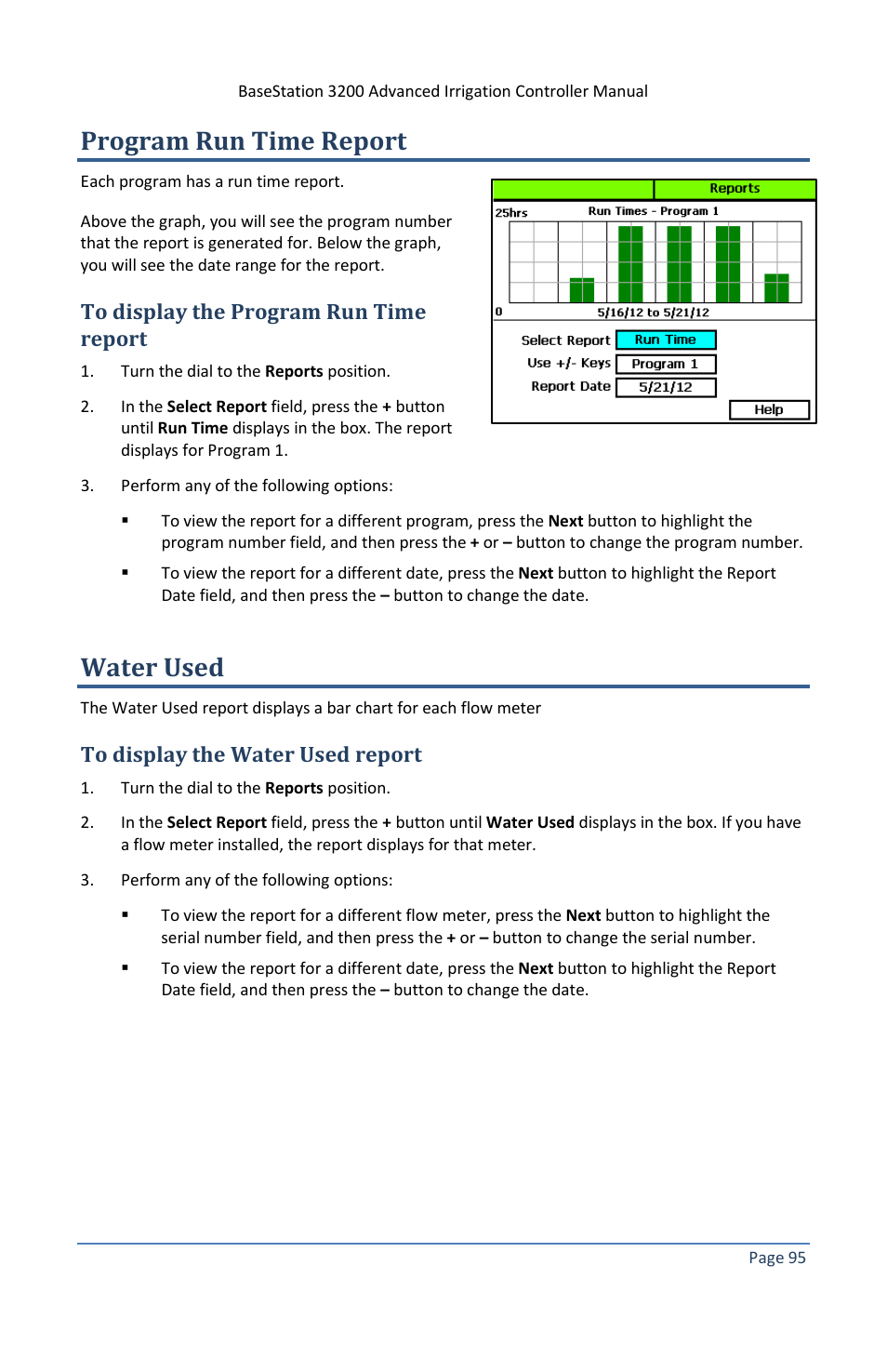 Program run time report, To display the program run time report, Water used | To display the water used report | Baseline Systems BaseStation 3200 V12 User Manual | Page 101 / 122