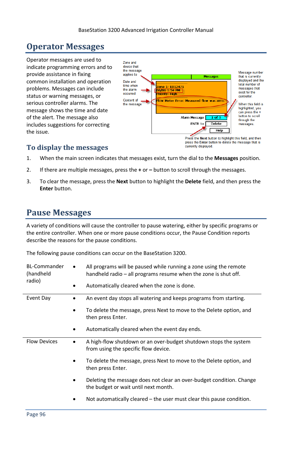 Operator messages, To display the messages, Pause messages | Baseline Systems BaseStation 3200 V12 User Manual | Page 102 / 122