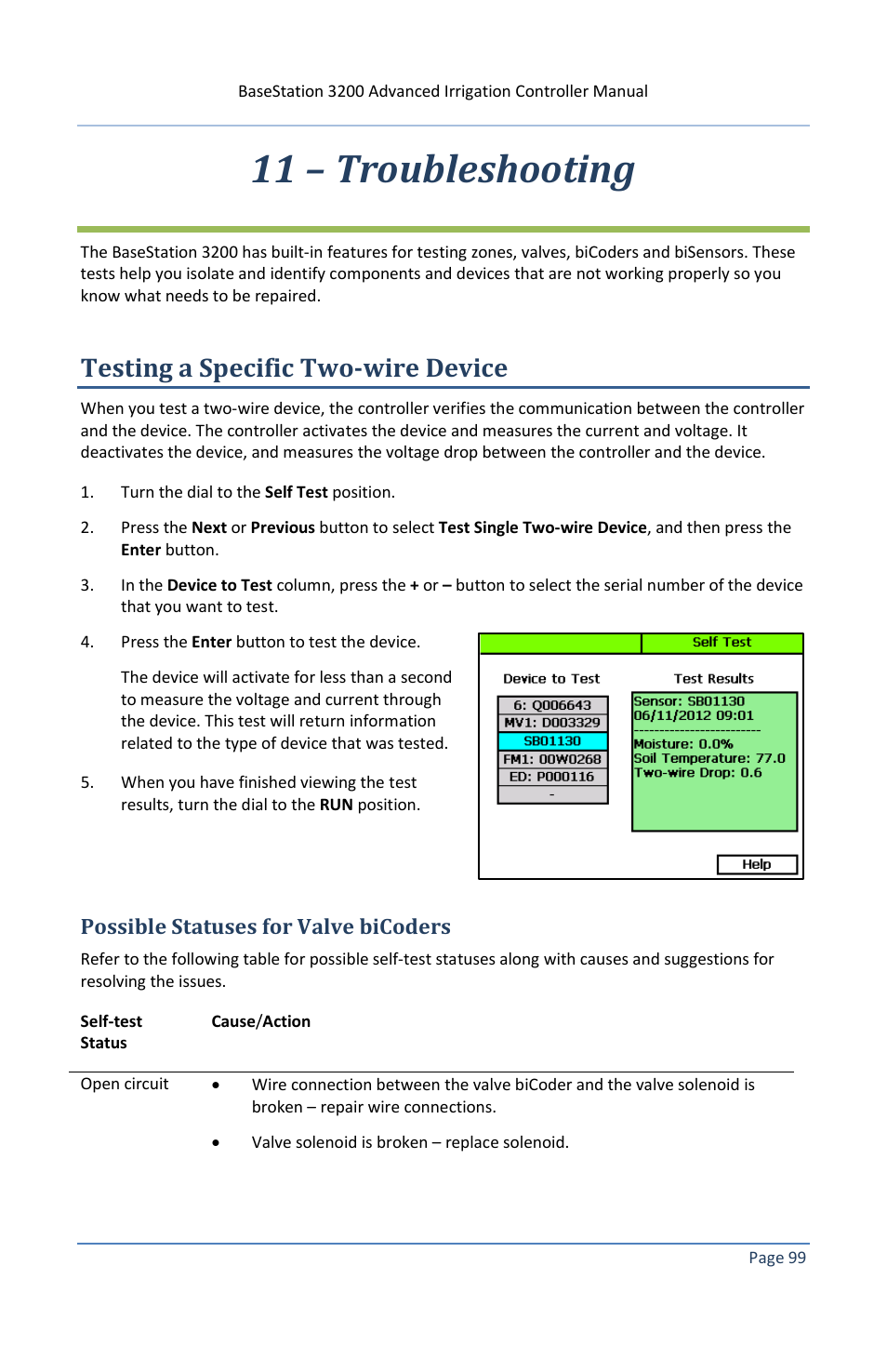 11 – troubleshooting, Testing a specific two-wire device, Possible statuses for valve bicoders | Baseline Systems BaseStation 3200 V12 User Manual | Page 105 / 122