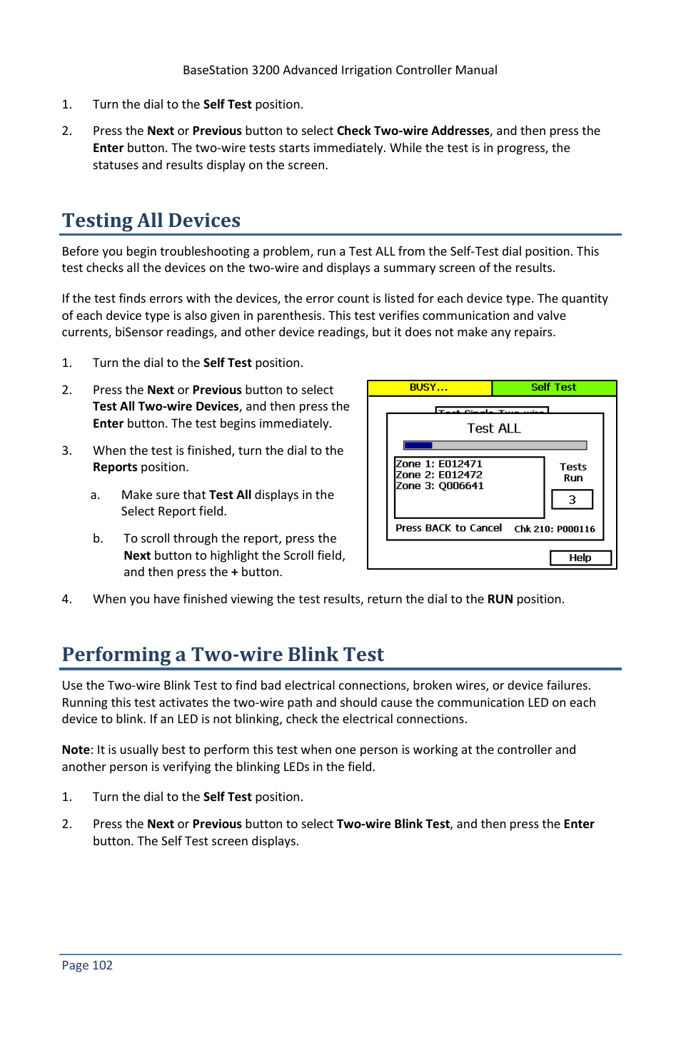 Testing all devices, Performing a two-wire blink test | Baseline Systems BaseStation 3200 V12 User Manual | Page 108 / 122