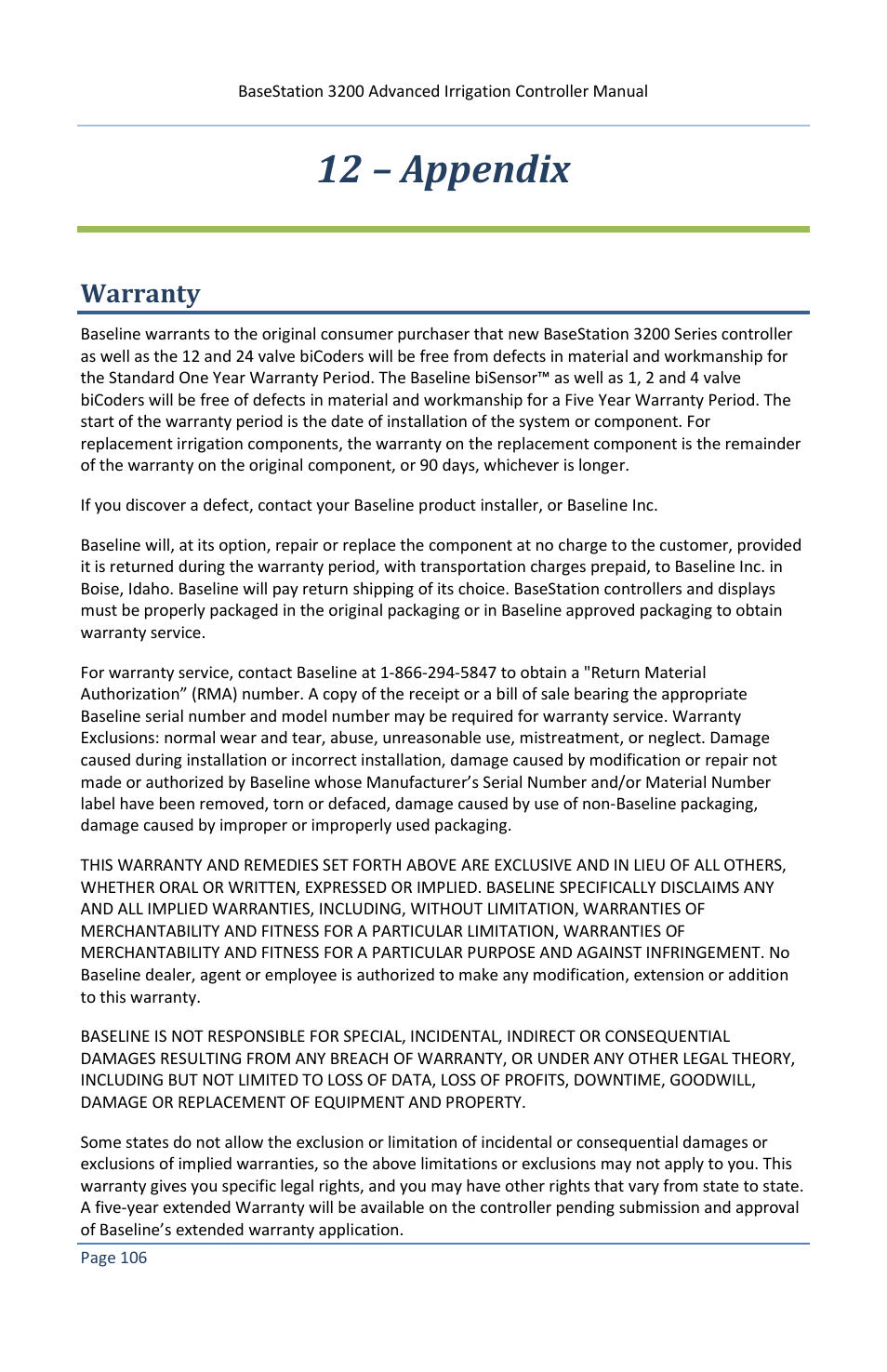 12 – appendix, Warranty | Baseline Systems BaseStation 3200 V12 User Manual | Page 112 / 122