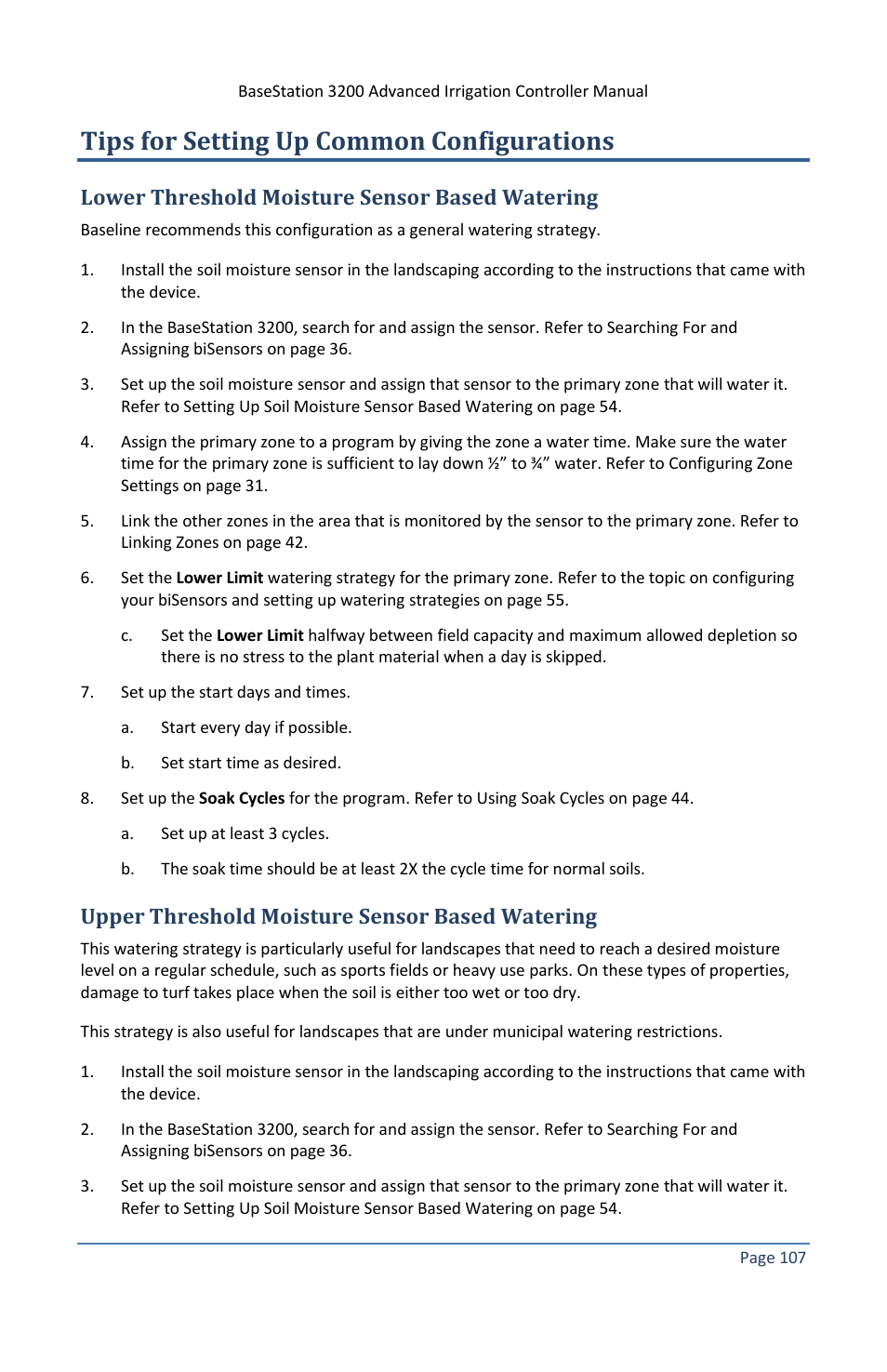 Tips for setting up common configurations, Lower threshold moisture sensor based watering, Upper threshold moisture sensor based watering | E 107 | Baseline Systems BaseStation 3200 V12 User Manual | Page 113 / 122