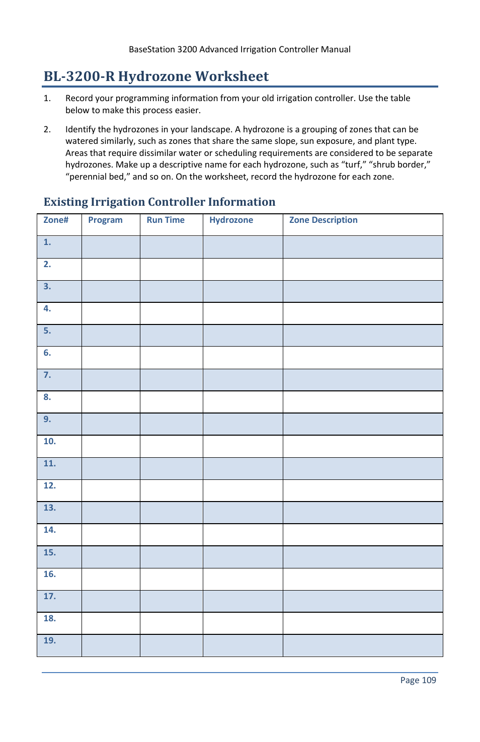 Bl-3200-r hydrozone worksheet, Existing irrigation controller information, E 109 to | Baseline Systems BaseStation 3200 V12 User Manual | Page 115 / 122
