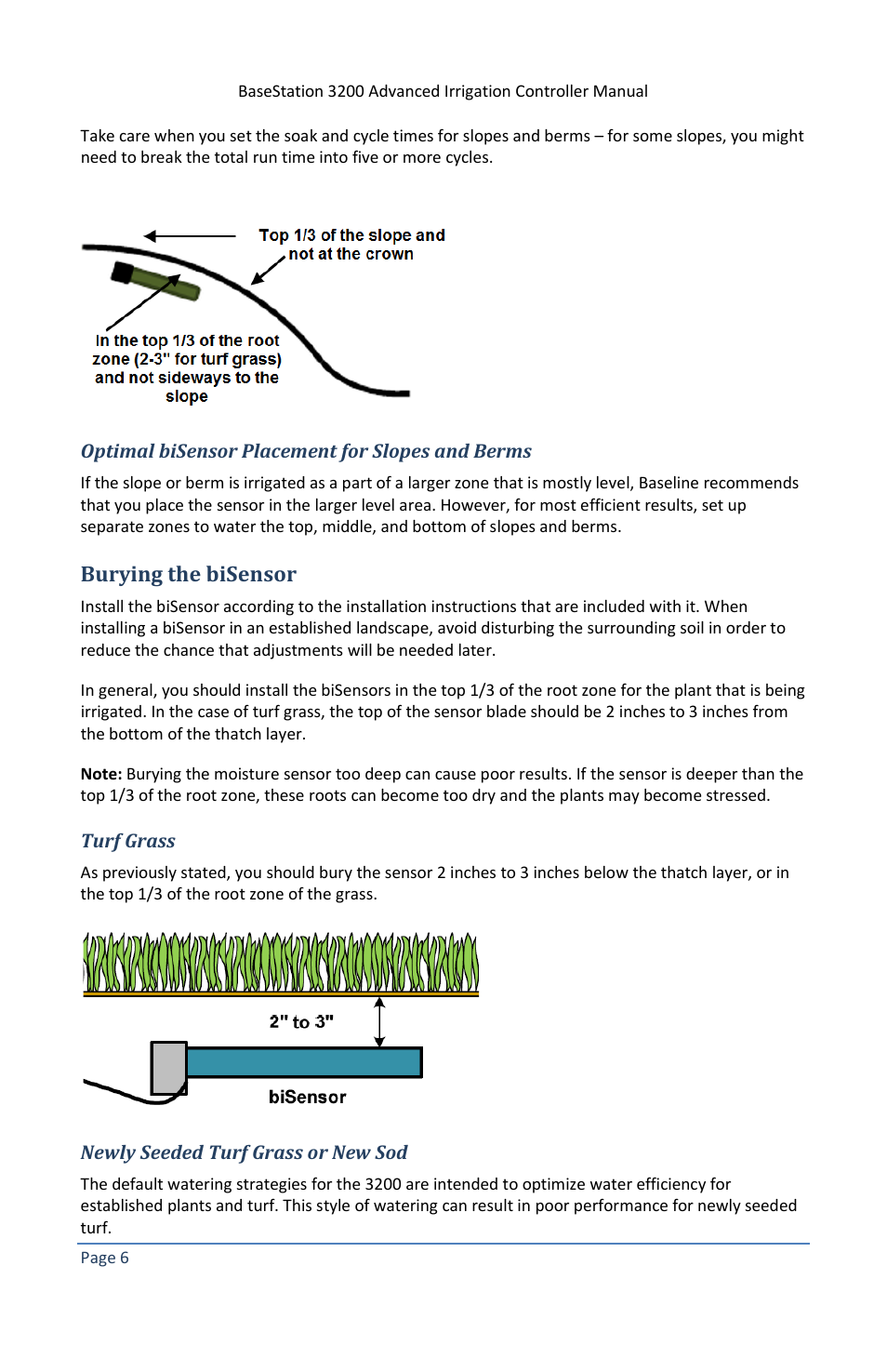 Optimal bisensor placement for slopes and berms, Burying the bisensor, Turf grass | Newly seeded turf grass or new sod | Baseline Systems BaseStation 3200 V12 User Manual | Page 12 / 122