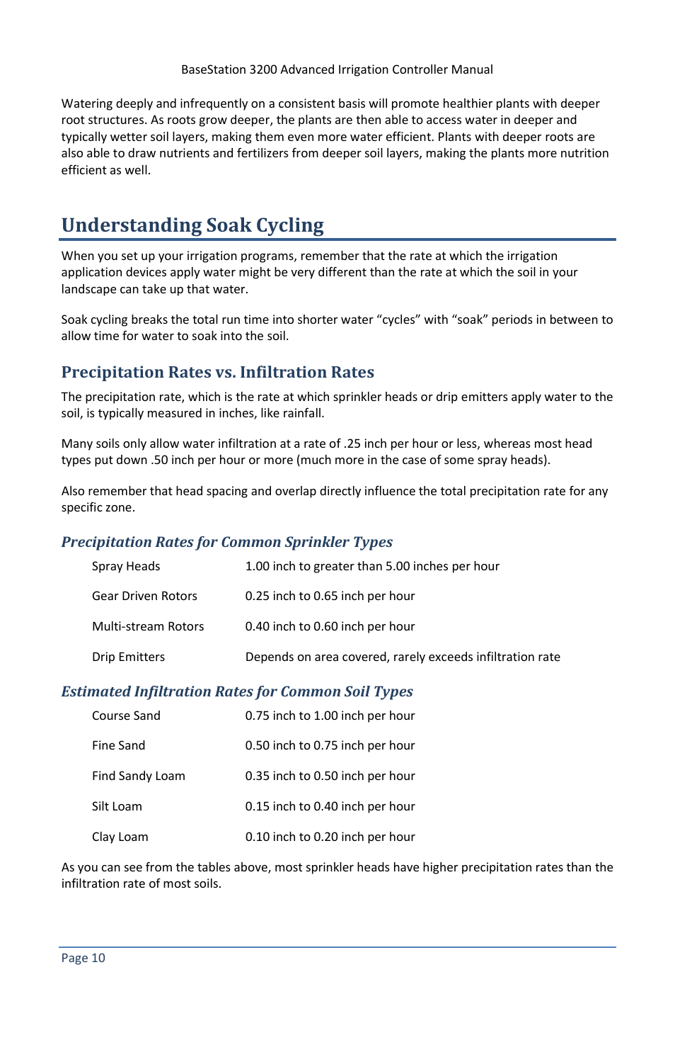 Understanding soak cycling, Precipitation rates vs. infiltration rates, Precipitation rates for common sprinkler types | Estimated infiltration rates for common soil types | Baseline Systems BaseStation 3200 V12 User Manual | Page 16 / 122