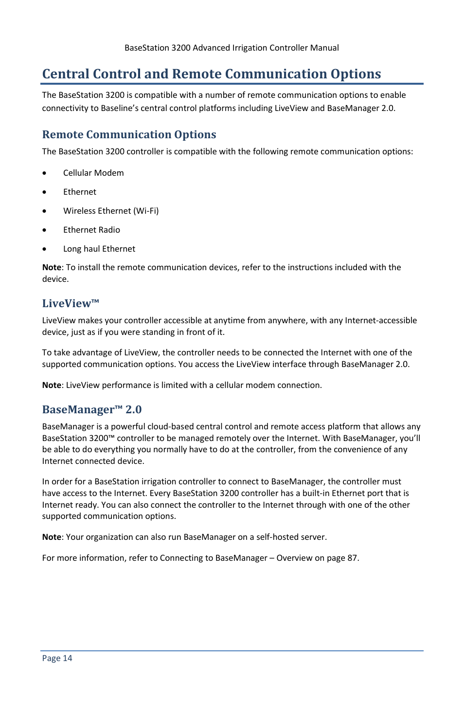 Central control and remote communication options, Remote communication options, Liveview | Basemanager™ 2.0 | Baseline Systems BaseStation 3200 V12 User Manual | Page 20 / 122