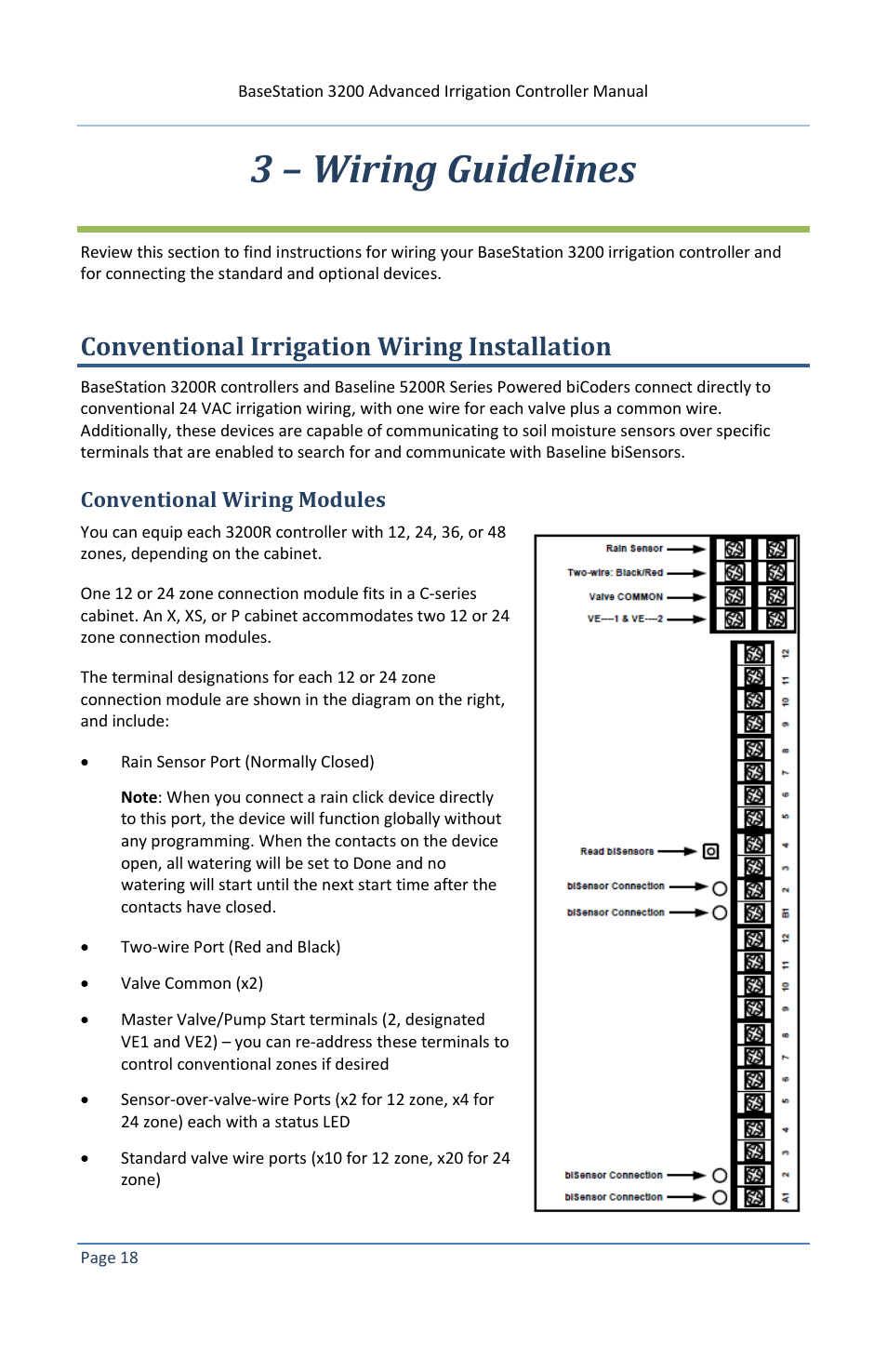 3 – wiring guidelines, Conventional irrigation wiring installation, Conventional wiring modules | Baseline Systems BaseStation 3200 V12 User Manual | Page 24 / 122