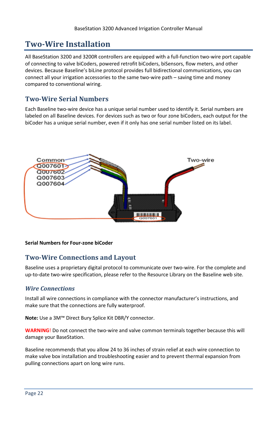 Two-wire installation, Two-wire serial numbers, Two-wire connections and layout | Wire connections | Baseline Systems BaseStation 3200 V12 User Manual | Page 28 / 122