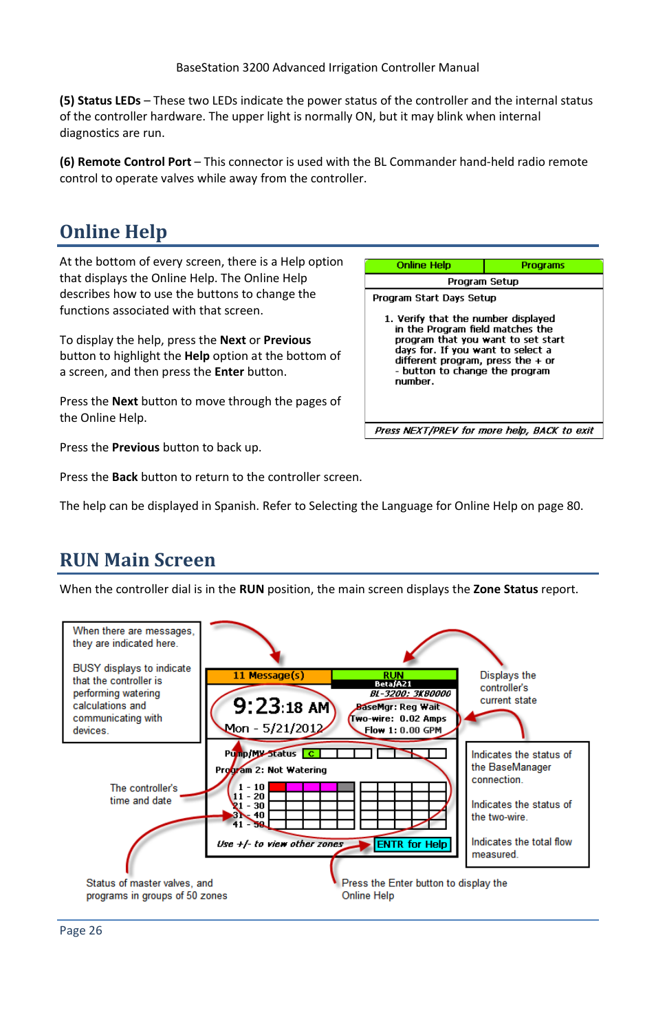 Online help, Run main screen | Baseline Systems BaseStation 3200 V12 User Manual | Page 32 / 122
