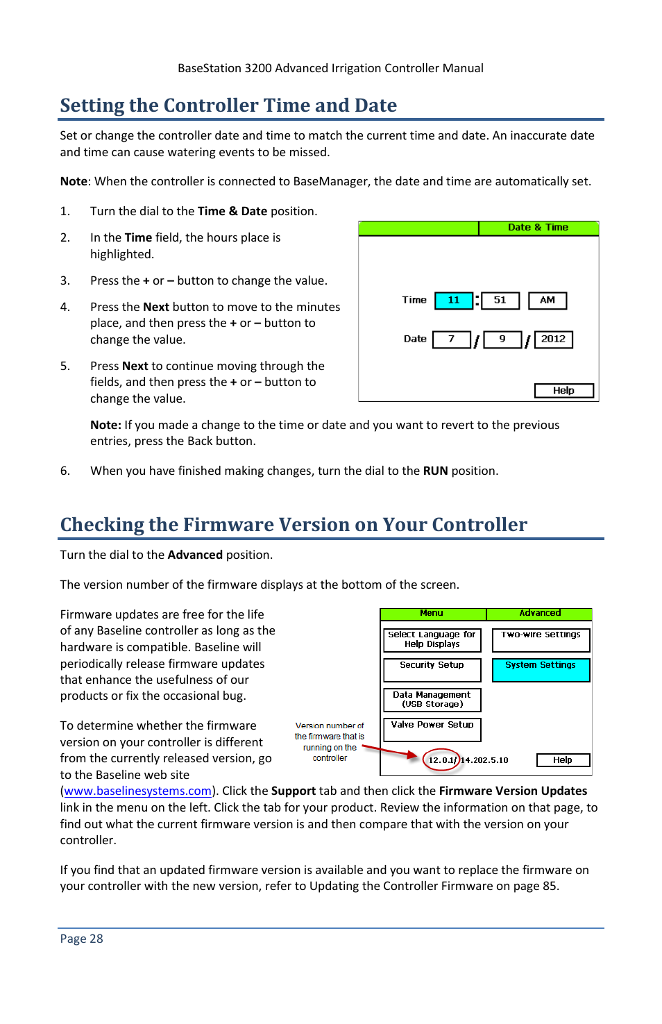 Setting the controller time and date, Checking the firmware version on your controller | Baseline Systems BaseStation 3200 V12 User Manual | Page 34 / 122