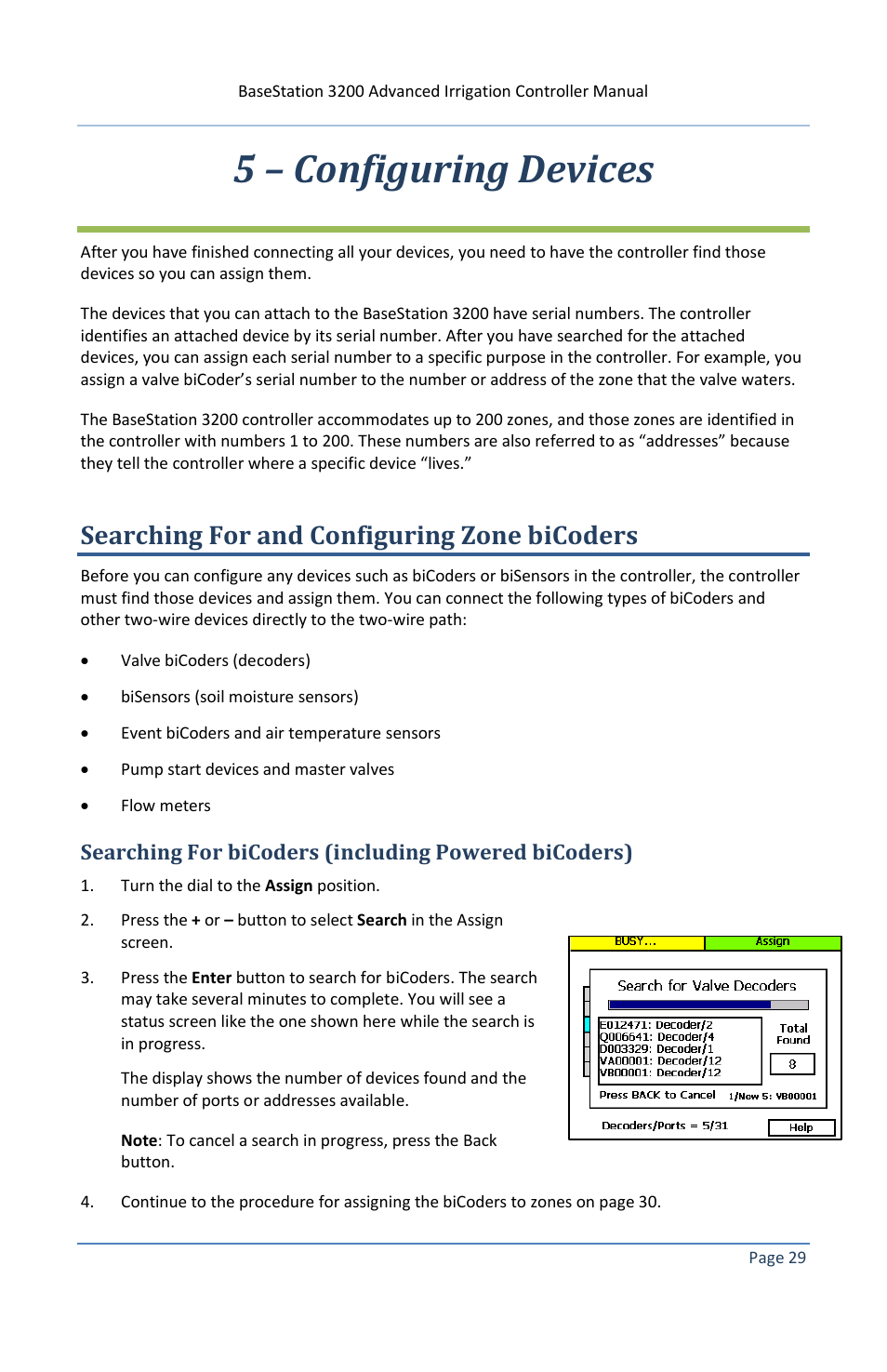 5 – configuring devices, Searching for and configuring zone bicoders | Baseline Systems BaseStation 3200 V12 User Manual | Page 35 / 122