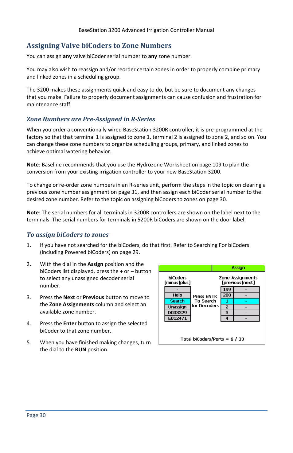 Assigning valve bicoders to zone numbers, Zone numbers are pre-assigned in r-series, To assign bicoders to zones | Baseline Systems BaseStation 3200 V12 User Manual | Page 36 / 122