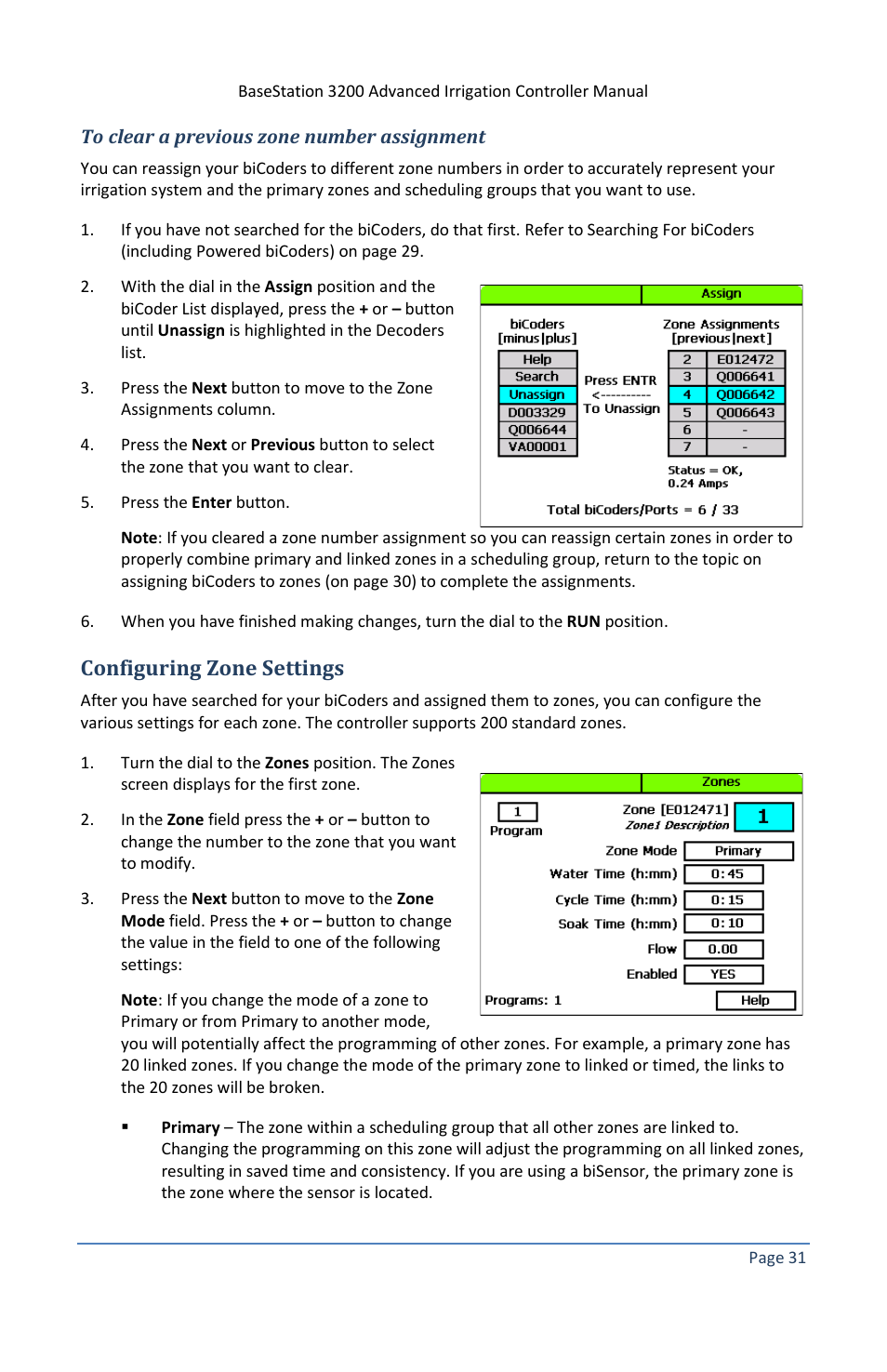 To clear a previous zone number assignment, Configuring zone settings, E 31, a | Baseline Systems BaseStation 3200 V12 User Manual | Page 37 / 122