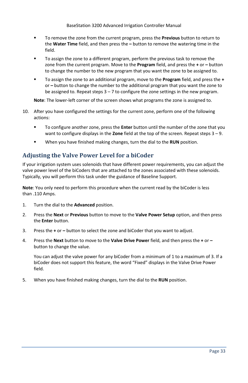 Adjusting the valve power level for a bicoder | Baseline Systems BaseStation 3200 V12 User Manual | Page 39 / 122