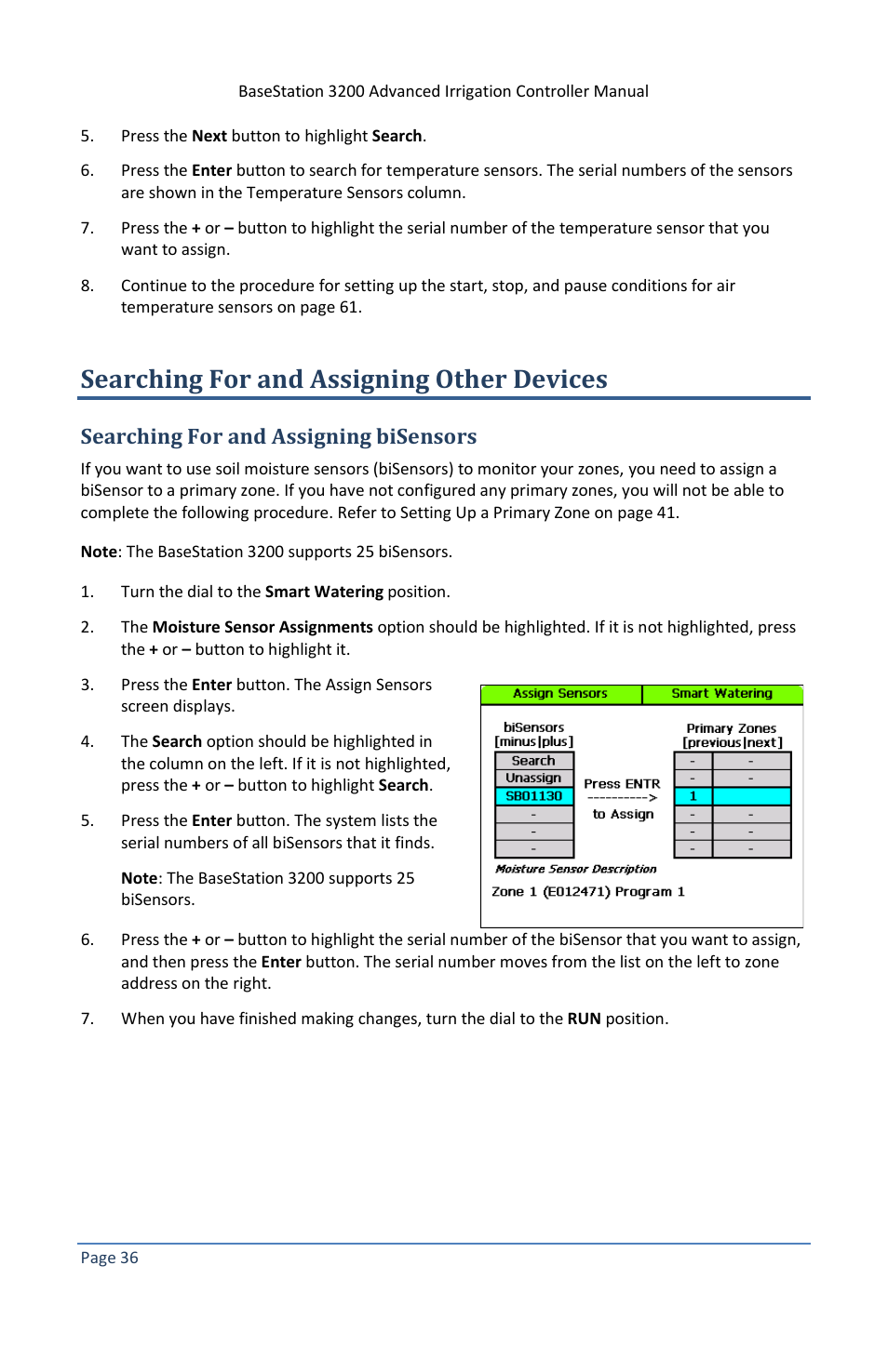 Searching for and assigning other devices, Searching for and assigning bisensors | Baseline Systems BaseStation 3200 V12 User Manual | Page 42 / 122