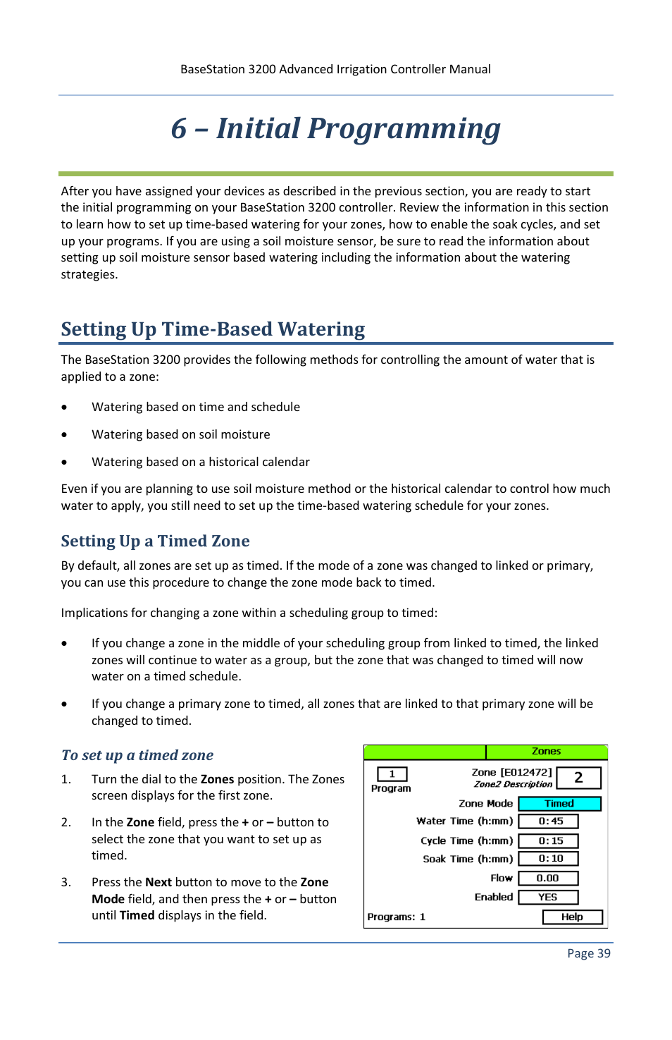6 – initial programming, Setting up time-based watering, Setting up a timed zone | To set up a timed zone | Baseline Systems BaseStation 3200 V12 User Manual | Page 45 / 122