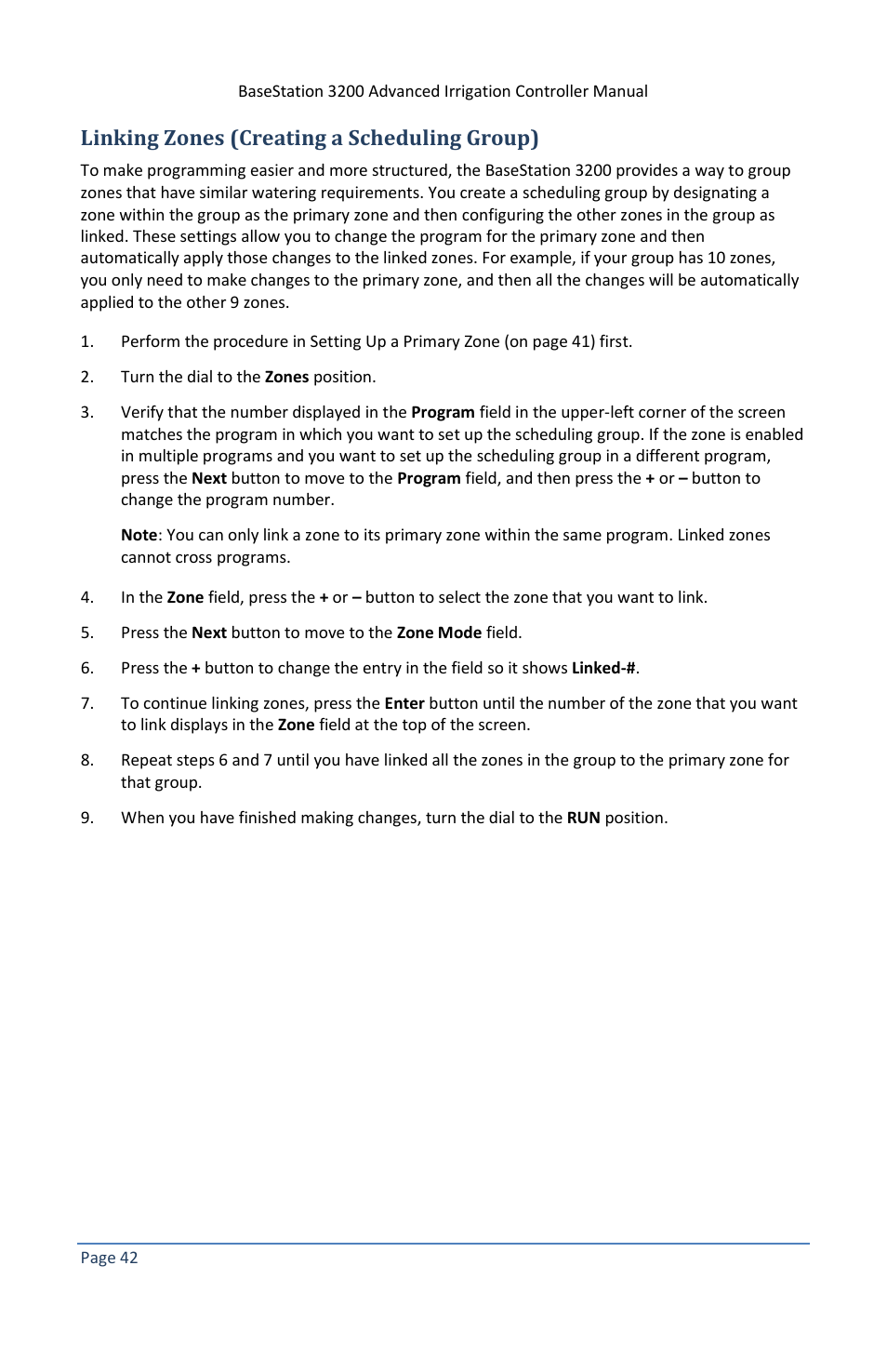 Linking zones (creating a scheduling group), To linking zones (creating a scheduling group) on, E 42f | Baseline Systems BaseStation 3200 V12 User Manual | Page 48 / 122
